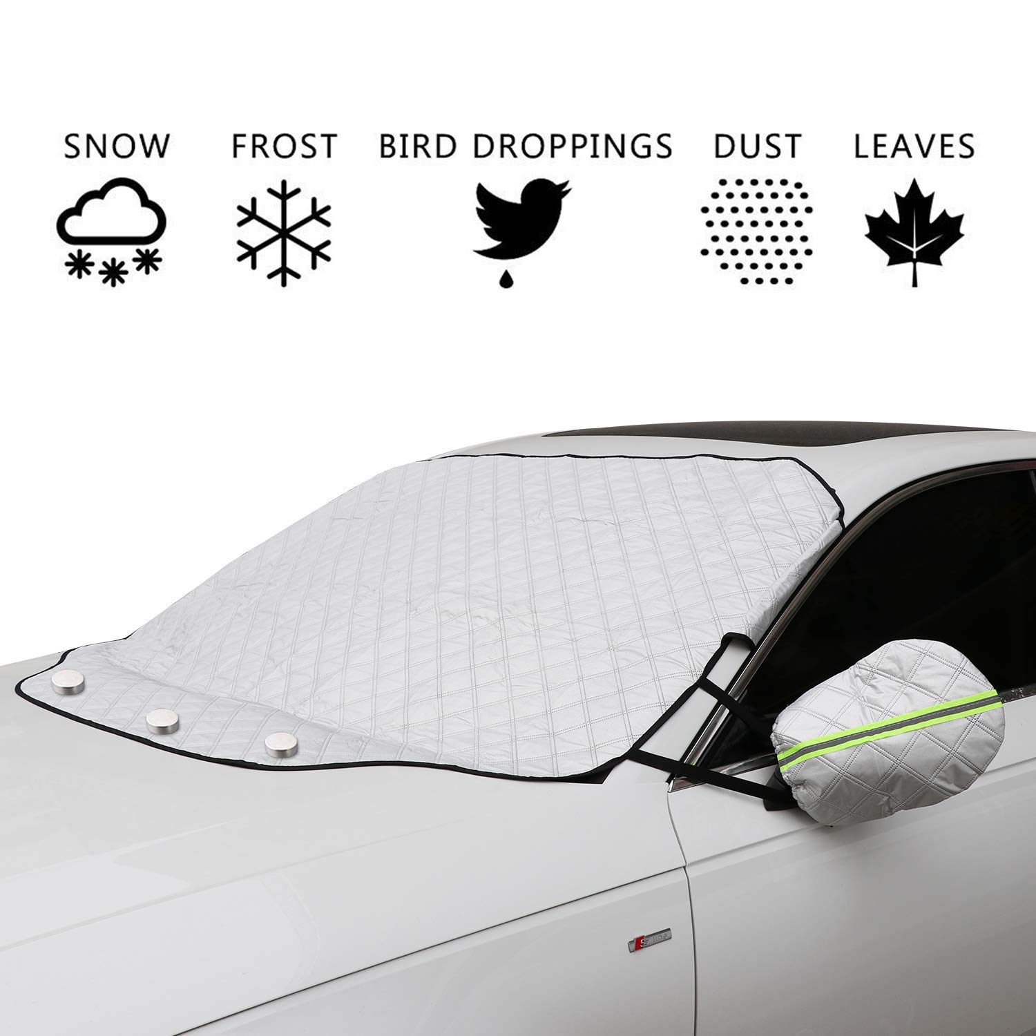 TRADERPLUS Magnetic Windproof Windshield Snow Ice Cover Frost Guard with Mirror Protector for Cars, Trucks and SUVs (72" x 46")
