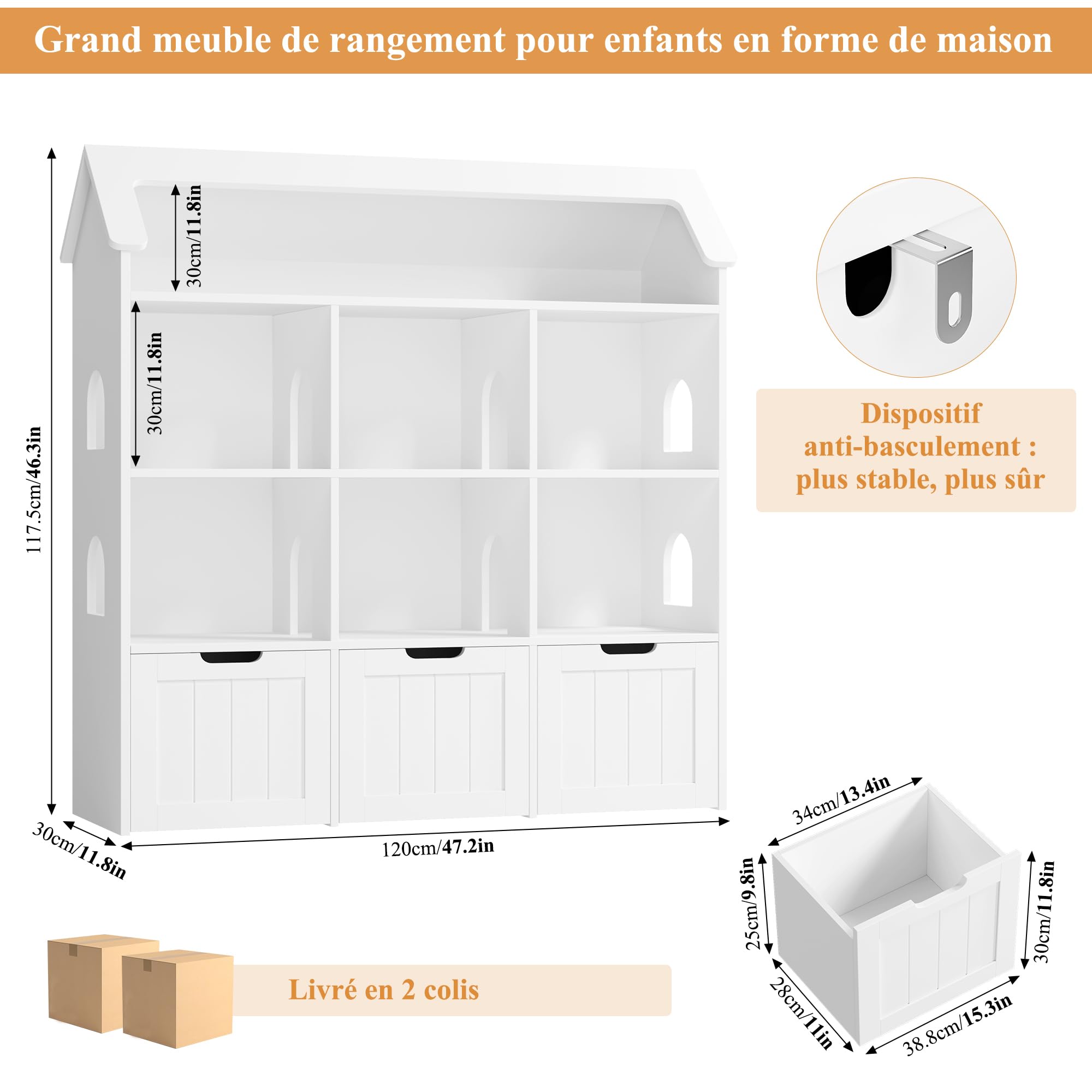 FOREHILL Meuble Rangement Enfant, Maison de Poupée, Bibliothèque Enfant avec 7 Étagères 3 Tiroirs Roulants, Rangement Jouet Chambre Enfant, 120x30x117.5cm, Blanc