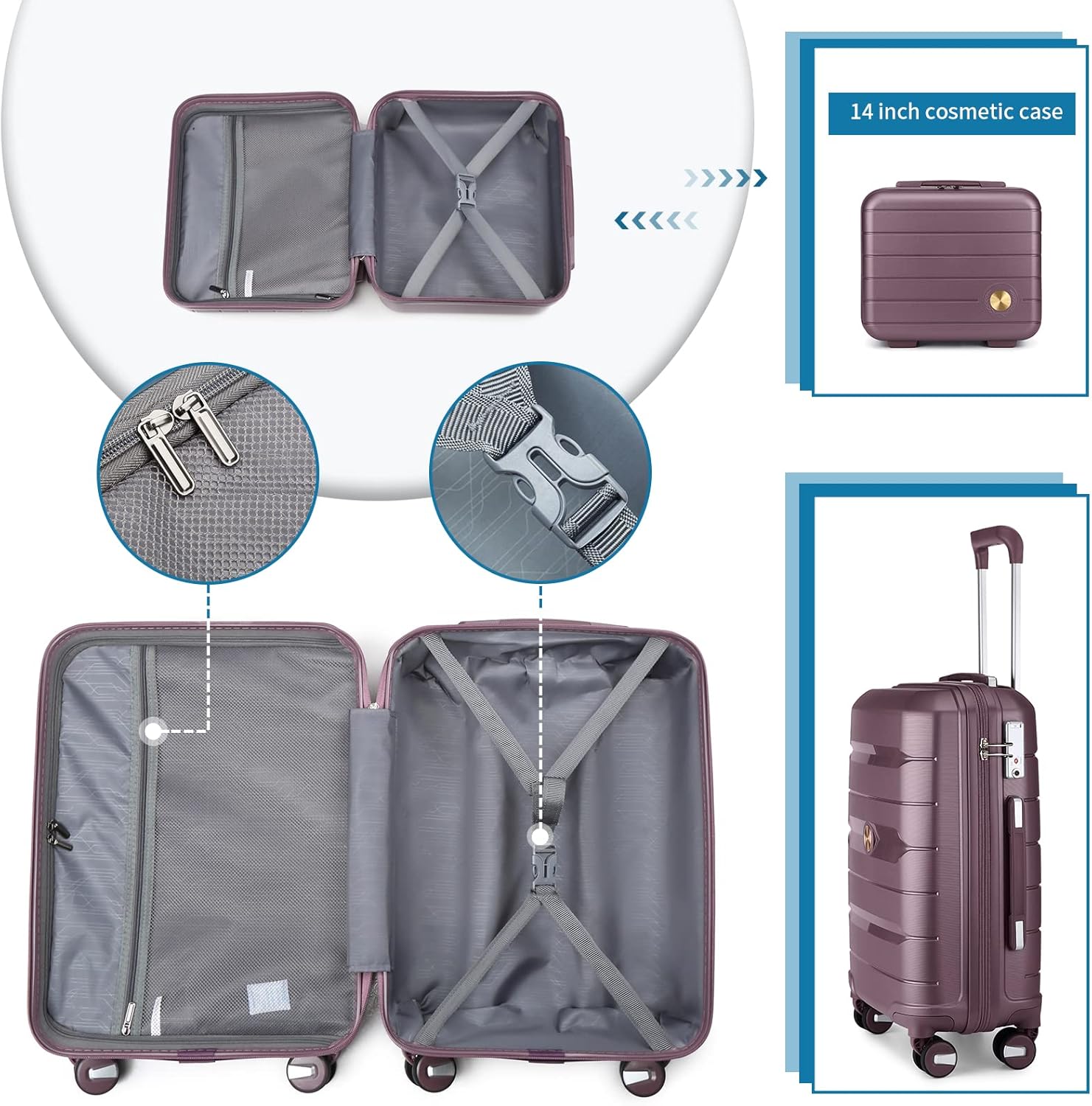 Somago 20" Carry On Luggage and 14" Mini Cosmetic Cases Travel Set Lightweight Polypropylene Suitcase with TSA Lock YKK Zipper Hardside Luggage with Spinner Wheels (2 Piece Set, Elegant Purple) - Image 3