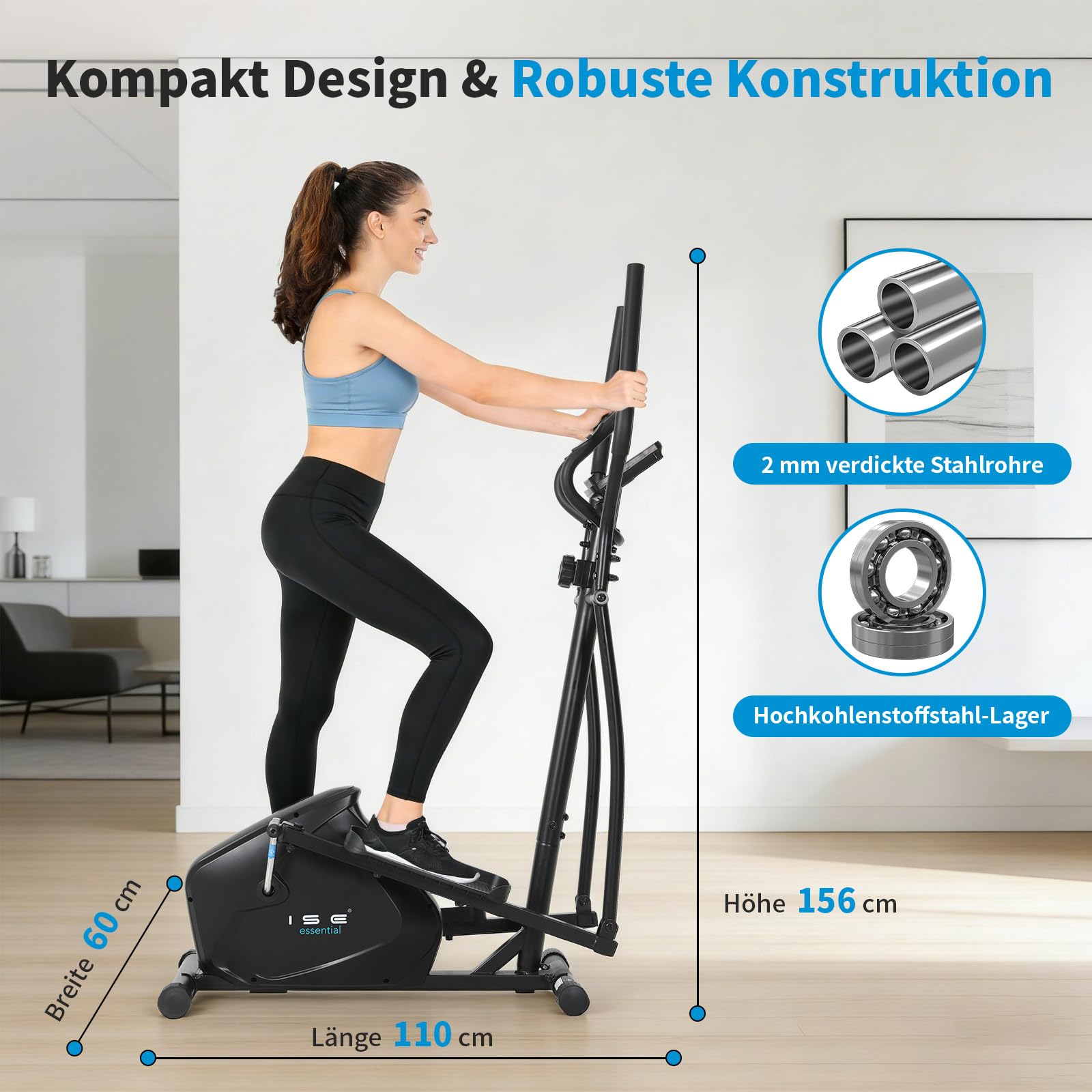 ISE Crosstrainer mit 28 cm Schrittlänge Crosstrainers für Zuhause, Ultraleiser Ellipsentrainer mit 8-stufiger Widerstand Magnetisch Ellipsentrainer,Crosstrainer klappbar mit LCD Monitor, Pulssensoren