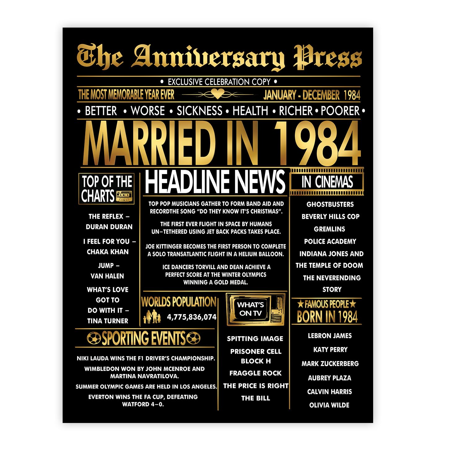 Stuff4 Men's 1984 Gold 42Nd Anniversary Poster Unframed - Golden Married In Newspaper - 42 Wedding Anniversary For Wo Vintage Gifts Back In 8X10 Inch Anniversaries Posters