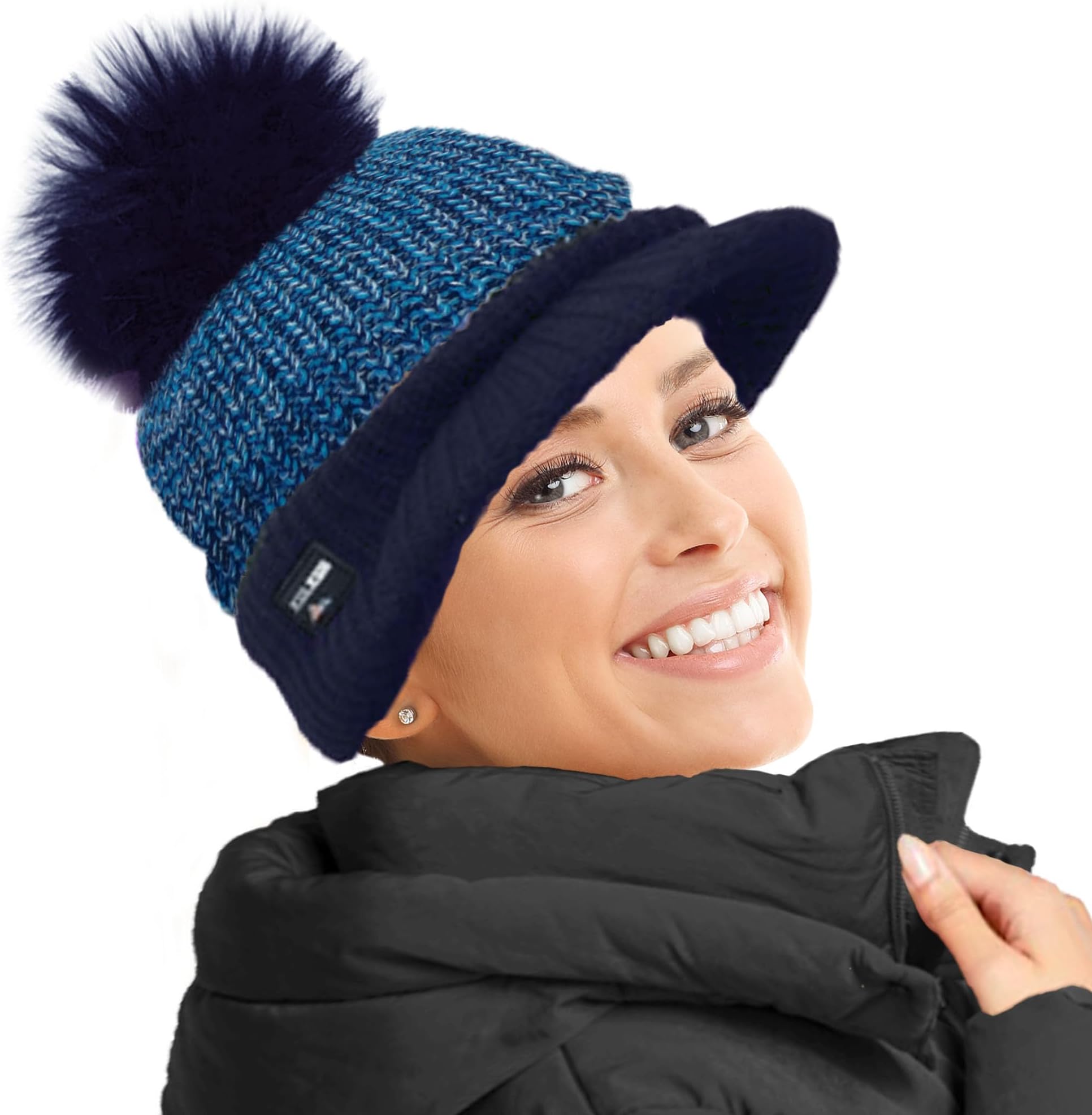 RockJockWomen's Warm Fleece Lined Knitted Peaked Cap Baseball Cap with Removable Faux Fur Pom with or without POM Wear