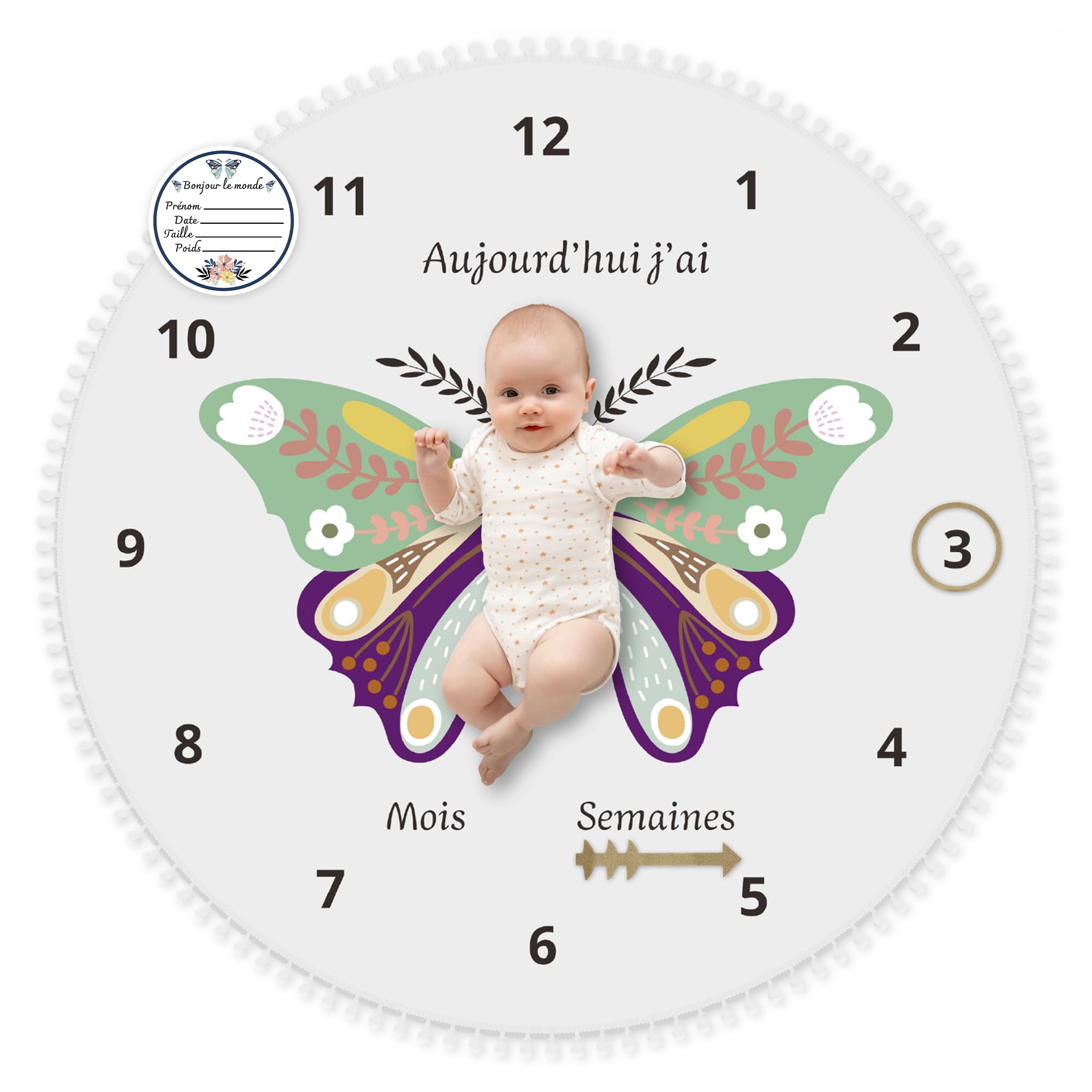 Mybabyoli Baby Stage Blanket in French, Baby Photo Mat Round 12 Months Girl, Boy, Unisex Butterfly Mat