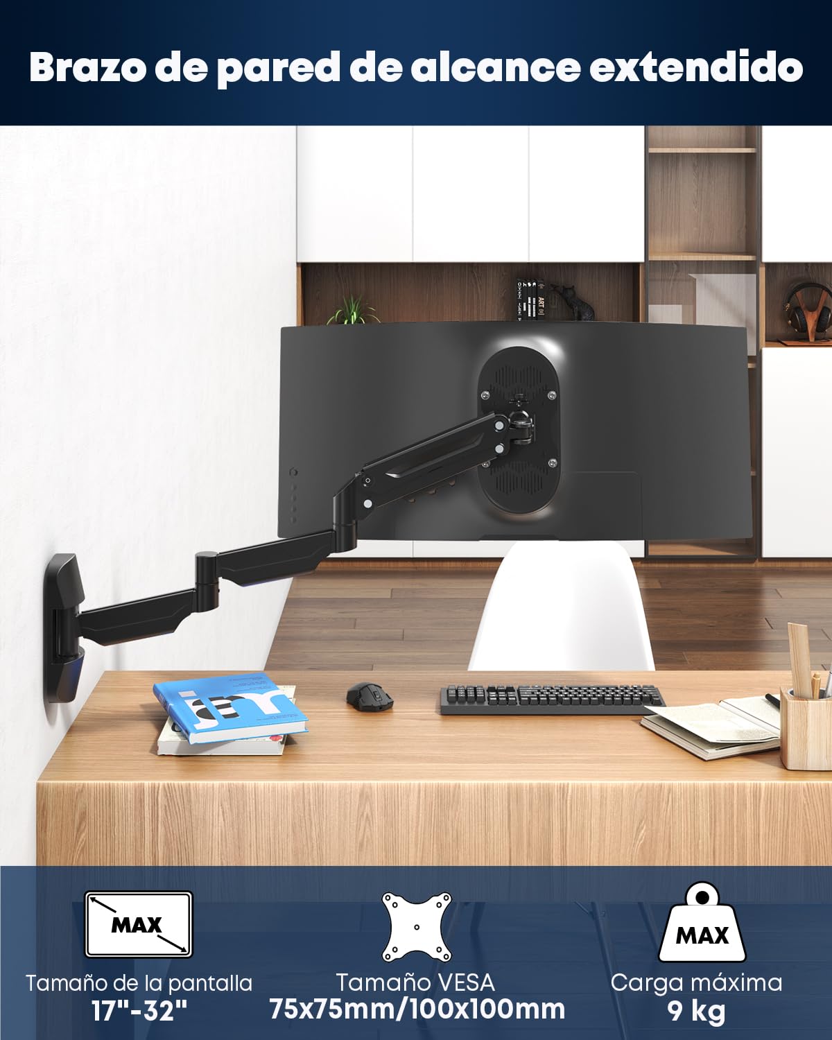 Soporte de pared para monitor con resorte de gas 17–32" – Brazo extra largo 76,9 cm, ajustable en altura y giratorio, VESA 75/100, hasta 9 kg