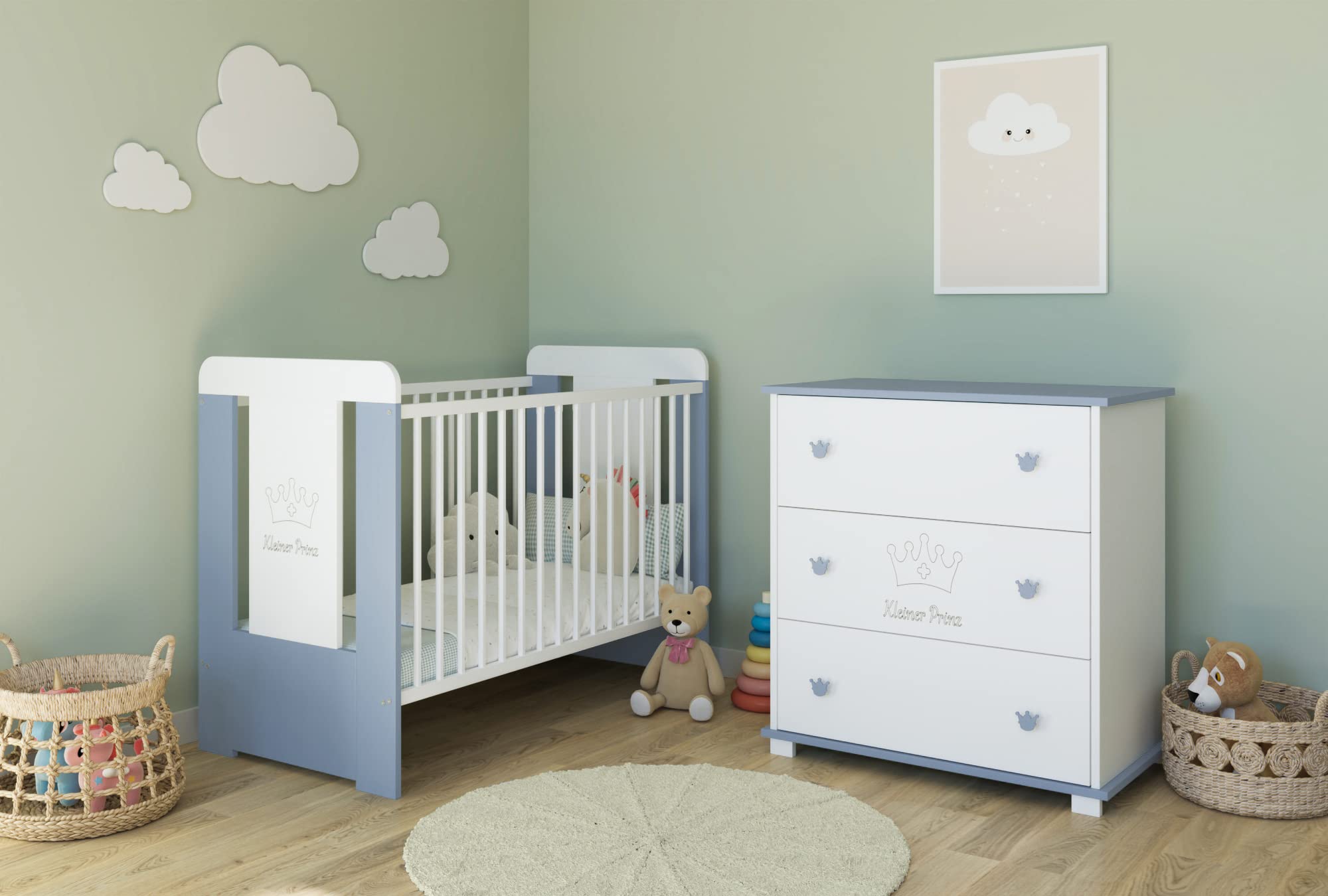 Kids Collective Cassettiera fasciatoio Fasciatoio con attacco per fasciatoio con 3 cassetti e incisione Piccolo Principe in bianco blu Boy Made in Europe