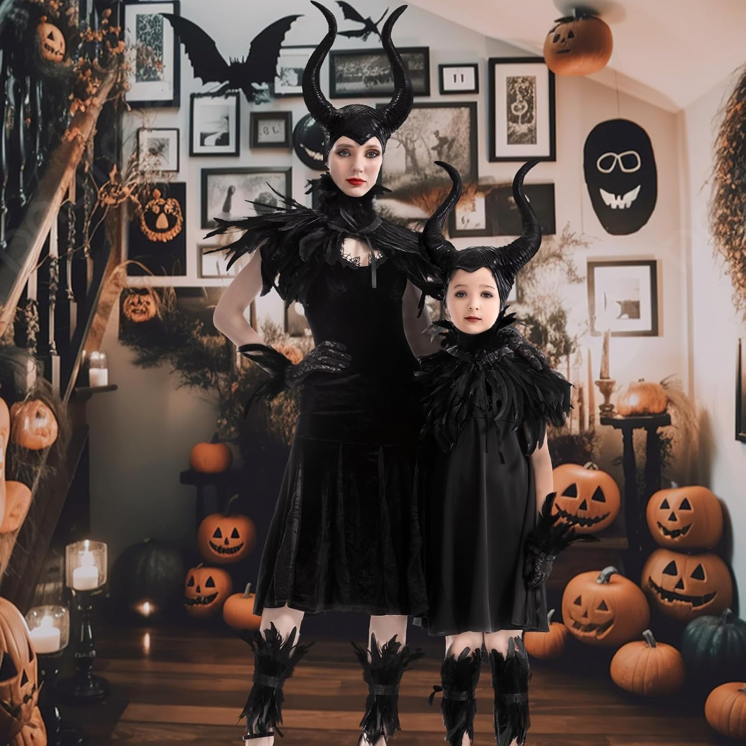 Girls Halloween Costume, Gothic Black Suits with Horn, Scepter, Feather Cape Shawl, Feather Lace Gloves and Footcovers without Dress for Children Evil Witch Darkness Gown Cosplay Party