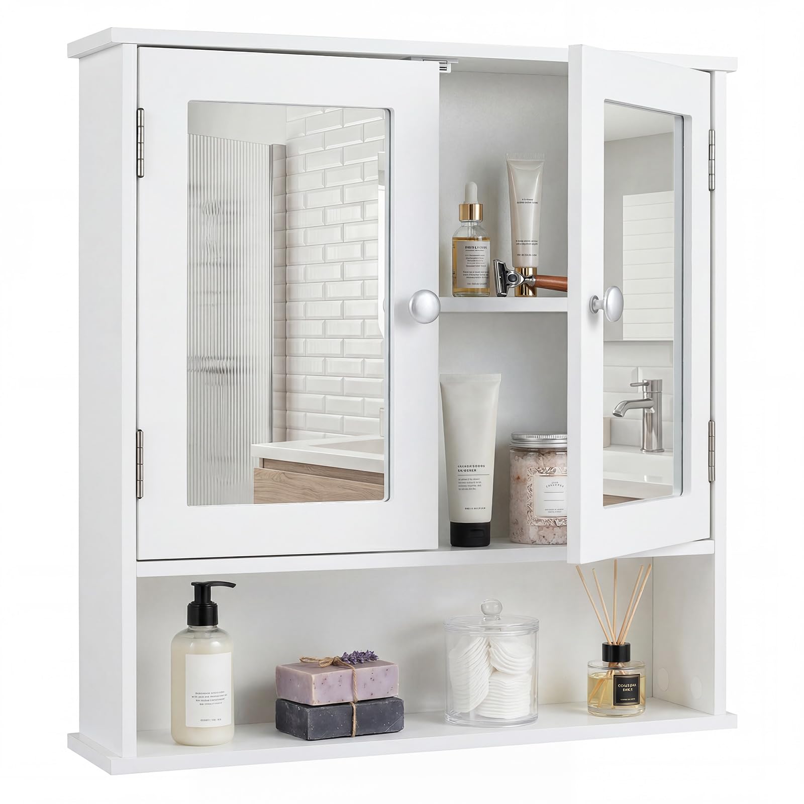 COSTWAY Armadietto Bagno a Specchio da Parete, 56 x 13 x 58 cm (Bianco) | Specchiera con 2 Ante, Ripiano Aperto e 2 Scomparti, Mobile da Bagno Salvaspazio per Soggiorno e Camera da Letto