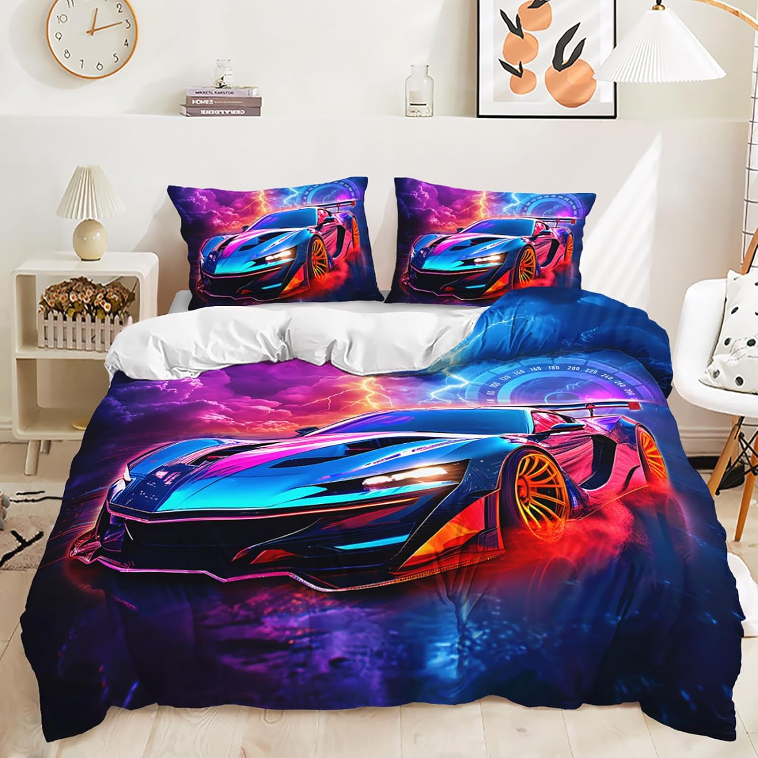 AILONEN Kids Race Car Duvet Cover Set Twin Size,Speed Extreme Red and Blue Sport Racing Car Comforter Cover with 2 Pillowcases for Boys Teen,3 Piece Racing Car71 Twin