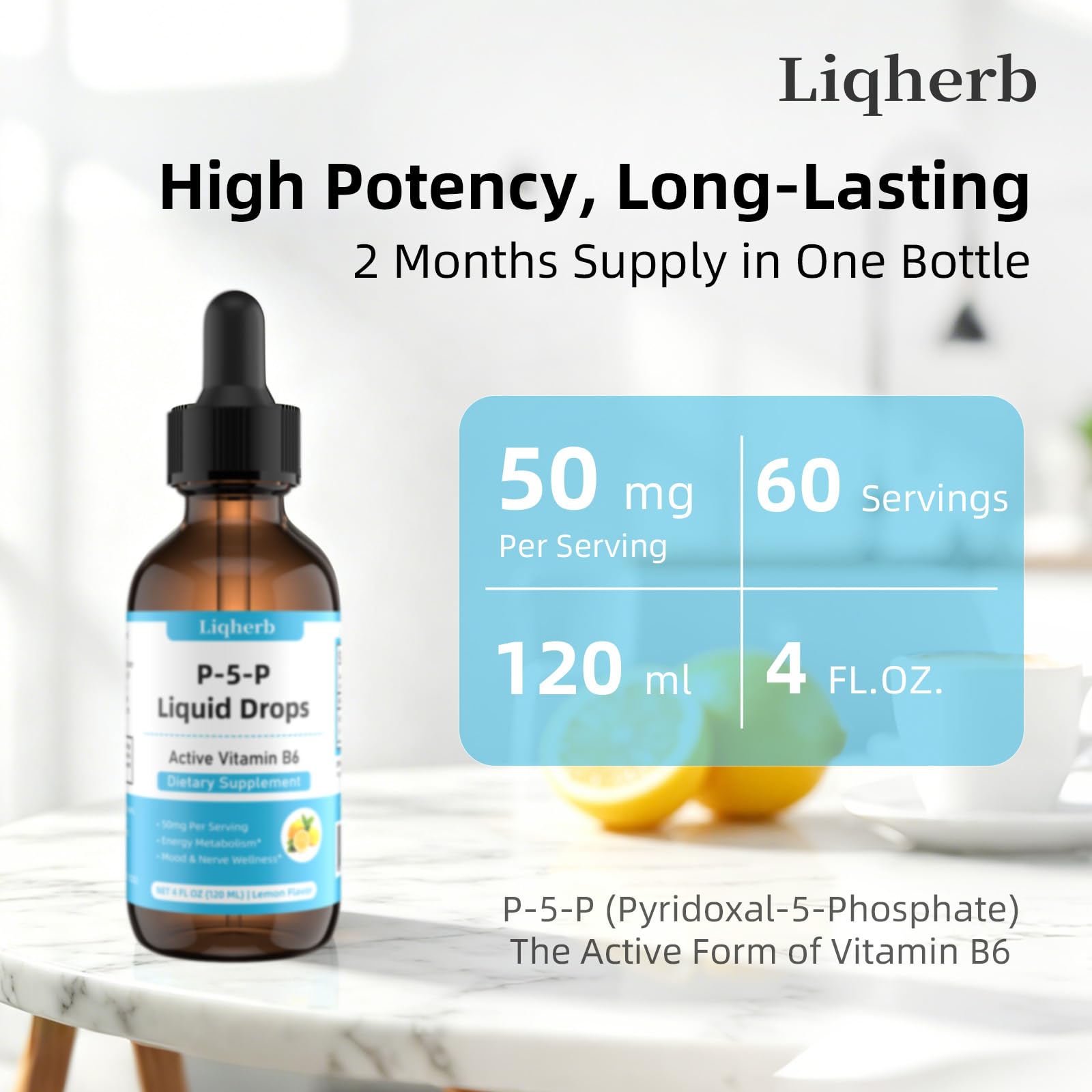 P-5-P Liquid Drops 50mg, P5P Vitamin B6 (Pyridoxal-5-Phosphate), Supports Energy Metabolism, Mood & Nerve Wellness, Fast Absorption Formula, Lemon Flavor, Vegan, 4 Fl Oz — Amazon image 4
