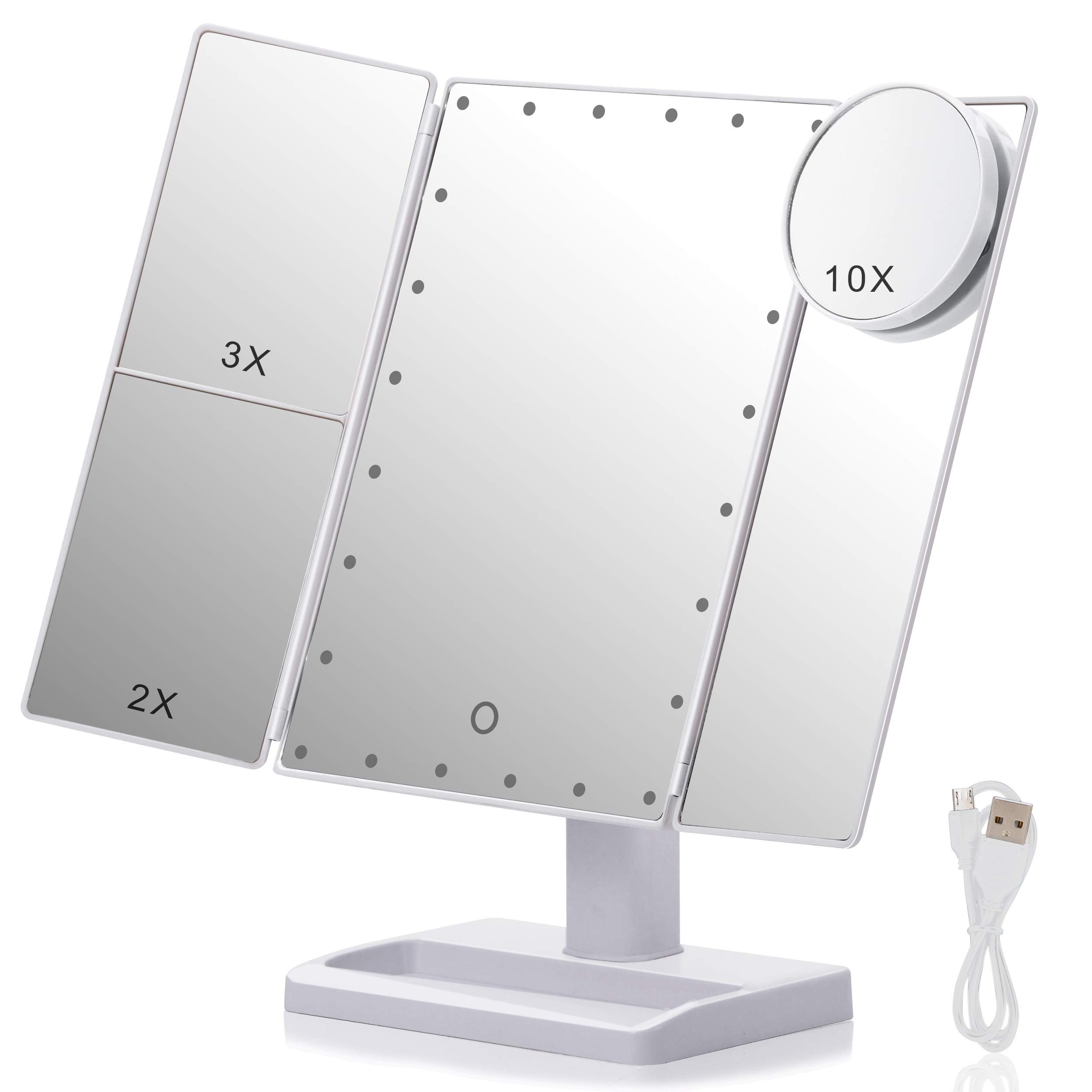 Hi-ERA Trifold Makeup Mirror with 24 Led Lights for Dressing Table, Illuminated Vanity Mirror with 10x/3x/2x Magnification, Portable Lighted Light up Cosmetic Mirror, Dual Power Supply, White