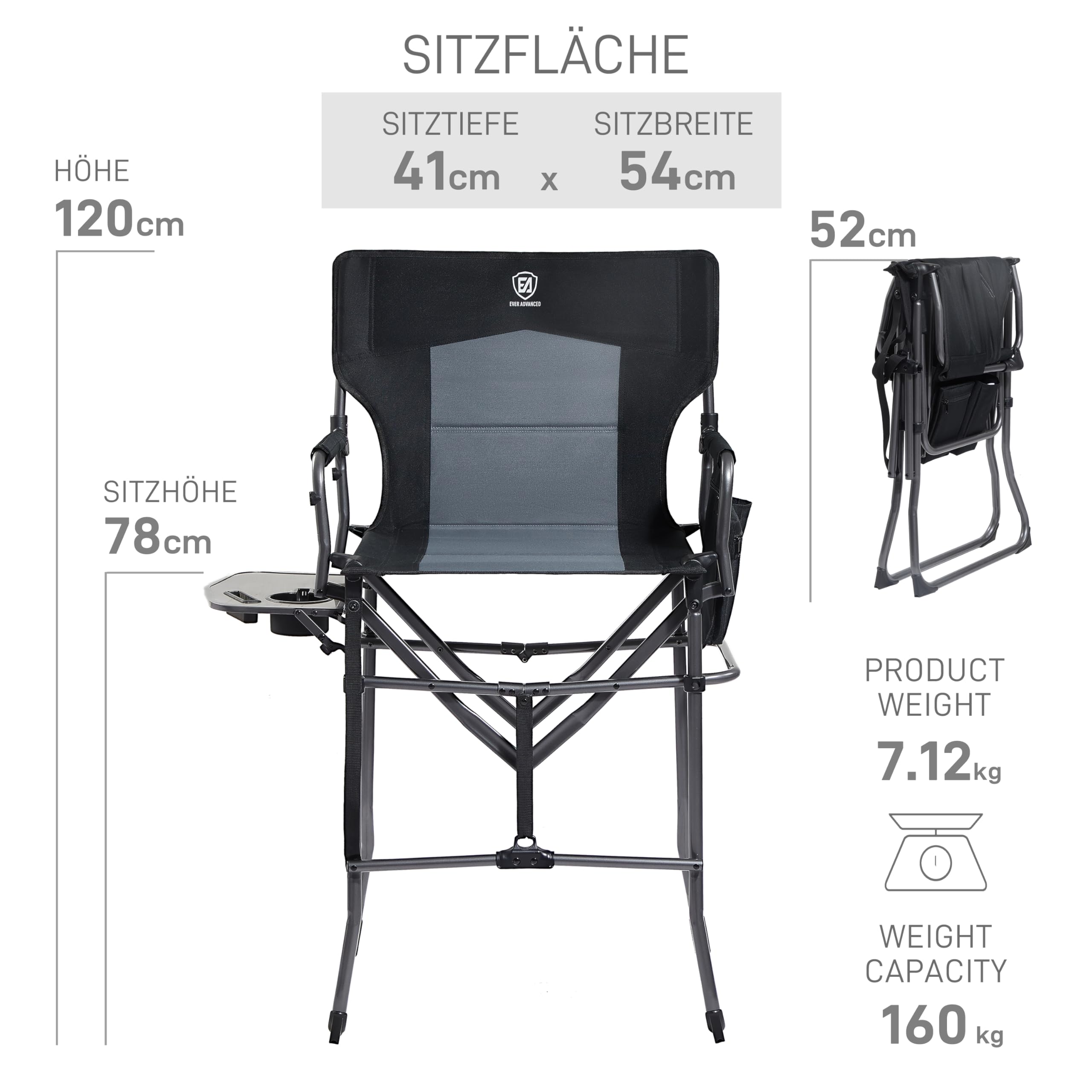 EVER ADVANCED 78CM Sitzhöhe Regiestuhl Hoch Klappbar, Make Up Stuhl Faltbar 160KG Belastbar mit Beistelltisch&Seitentasche, Schminkstuhl für Make-up Artist, Sportveranstaltung, Bar-Stuhl，Schwarz-Grau