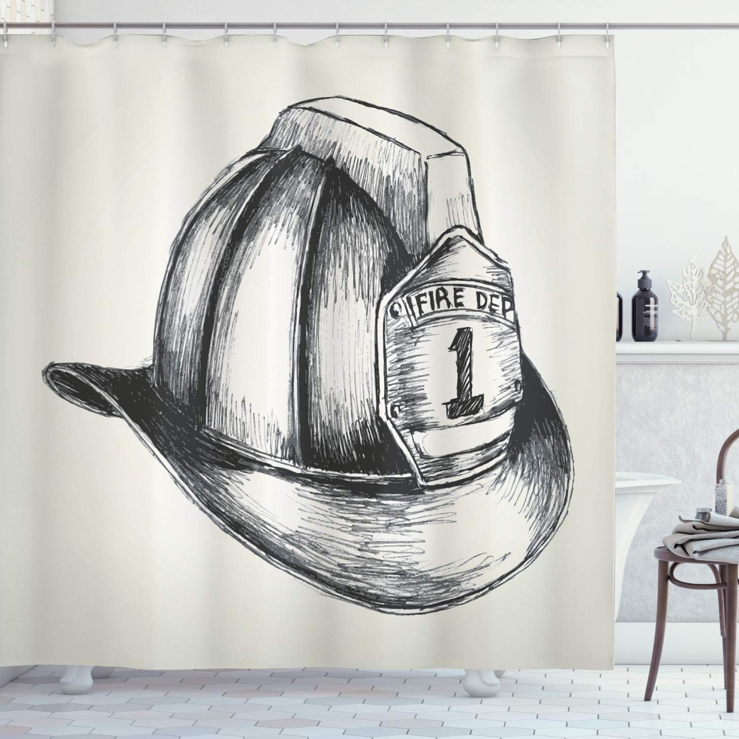 Lunarable Service Shower Curtain, Sketch Style Illustration a Extinguish The Department Illustration, Cloth Fabric Bathroom Decor Set with Hooks, 69" W x 70" L, Charcoal Grey Beige