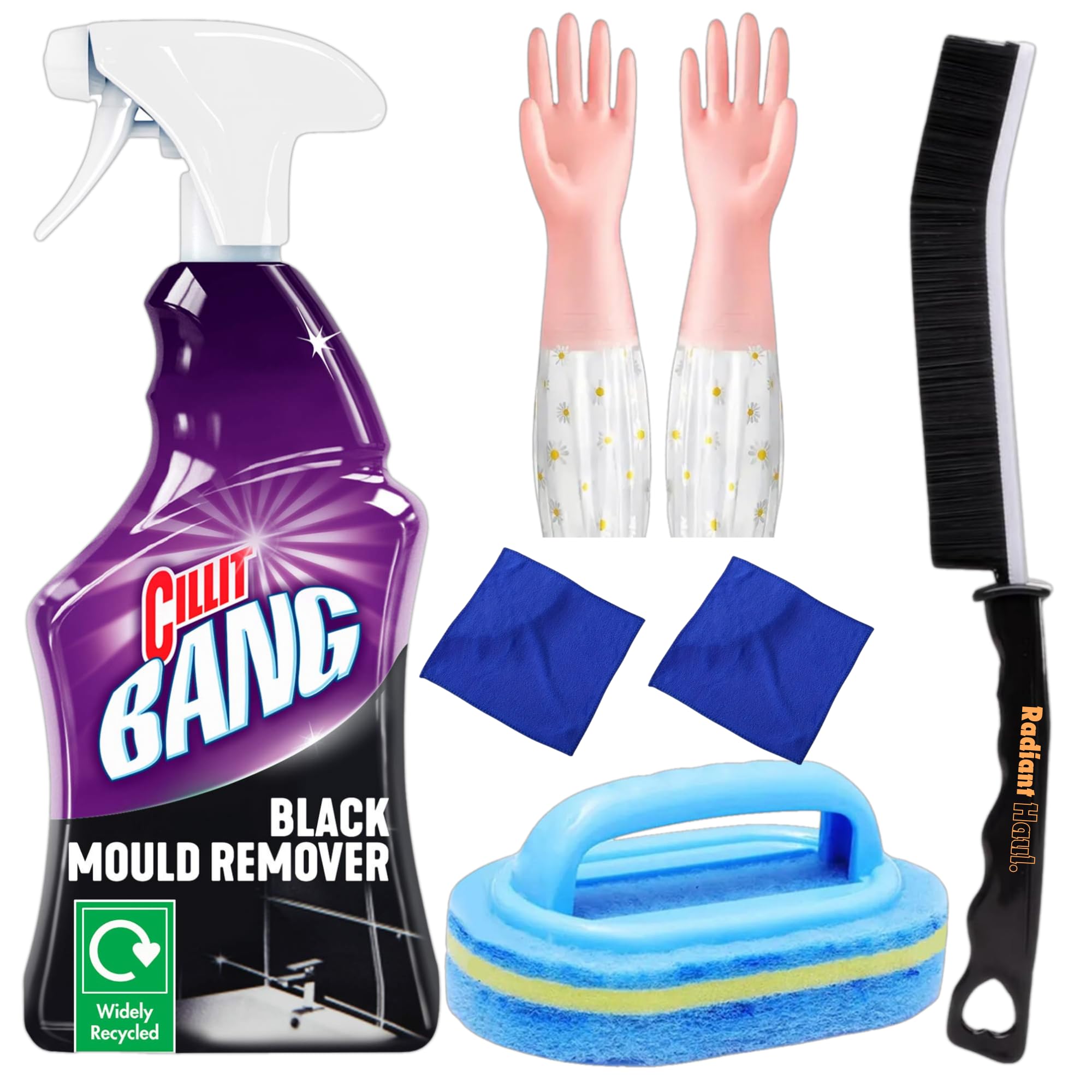 Black Mold Remover Spray Set - Black Mould Remover, Grout Cleaning Brush, Bathroom Scrubber Sponge With Handle, Cleaning Cloths, Disposable Gloves – Radiant Haul Mould And Mildew Remover Set