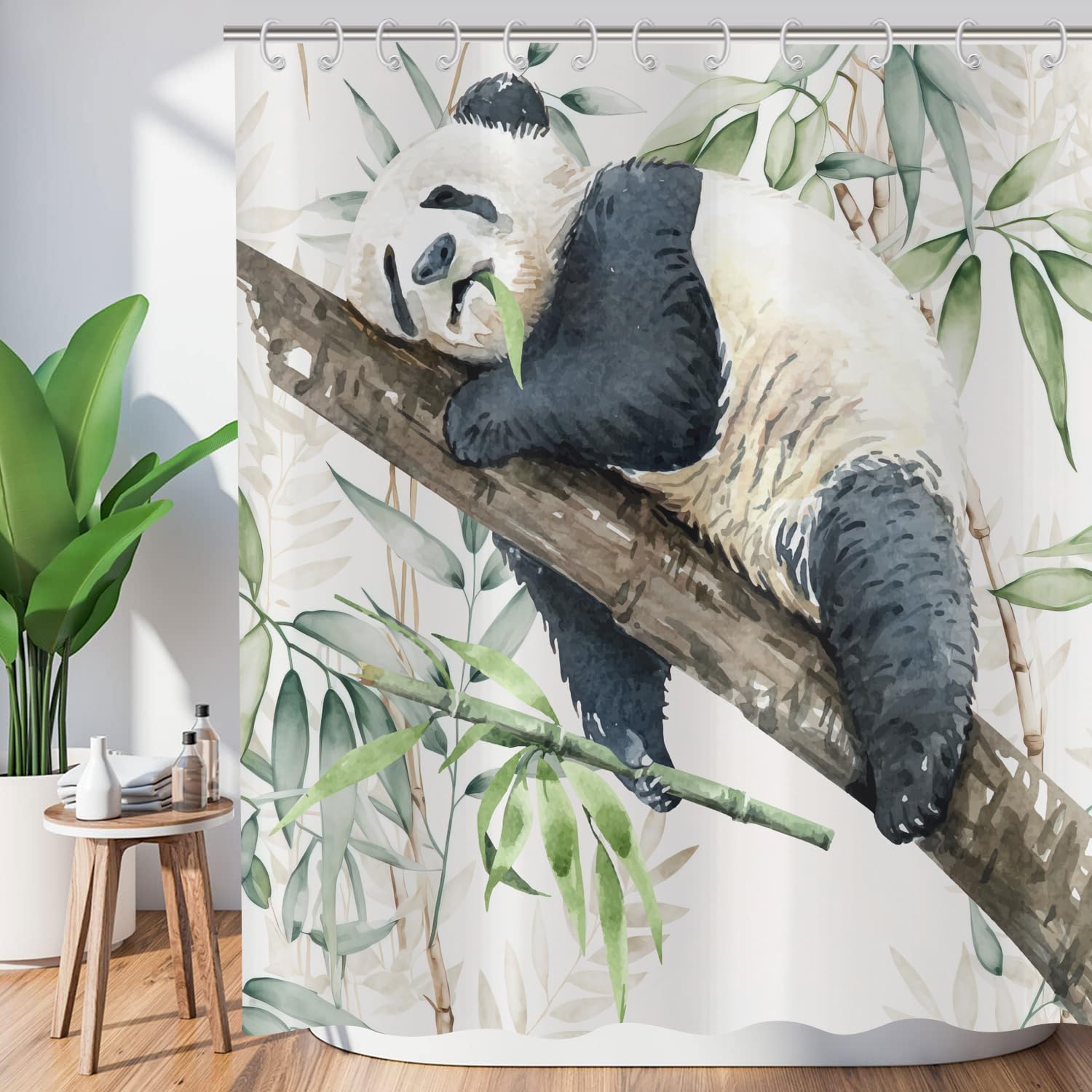 ASDCXZ Funny Shower Curtain 240x180 cm, Watercolor Funny Lazy Panda Food Green Bamboo Leaves White Bath Washable Shower Curtains Polyester Textile Waterproof Bath Curtain for Bathtub with 12 Hooks — image 1