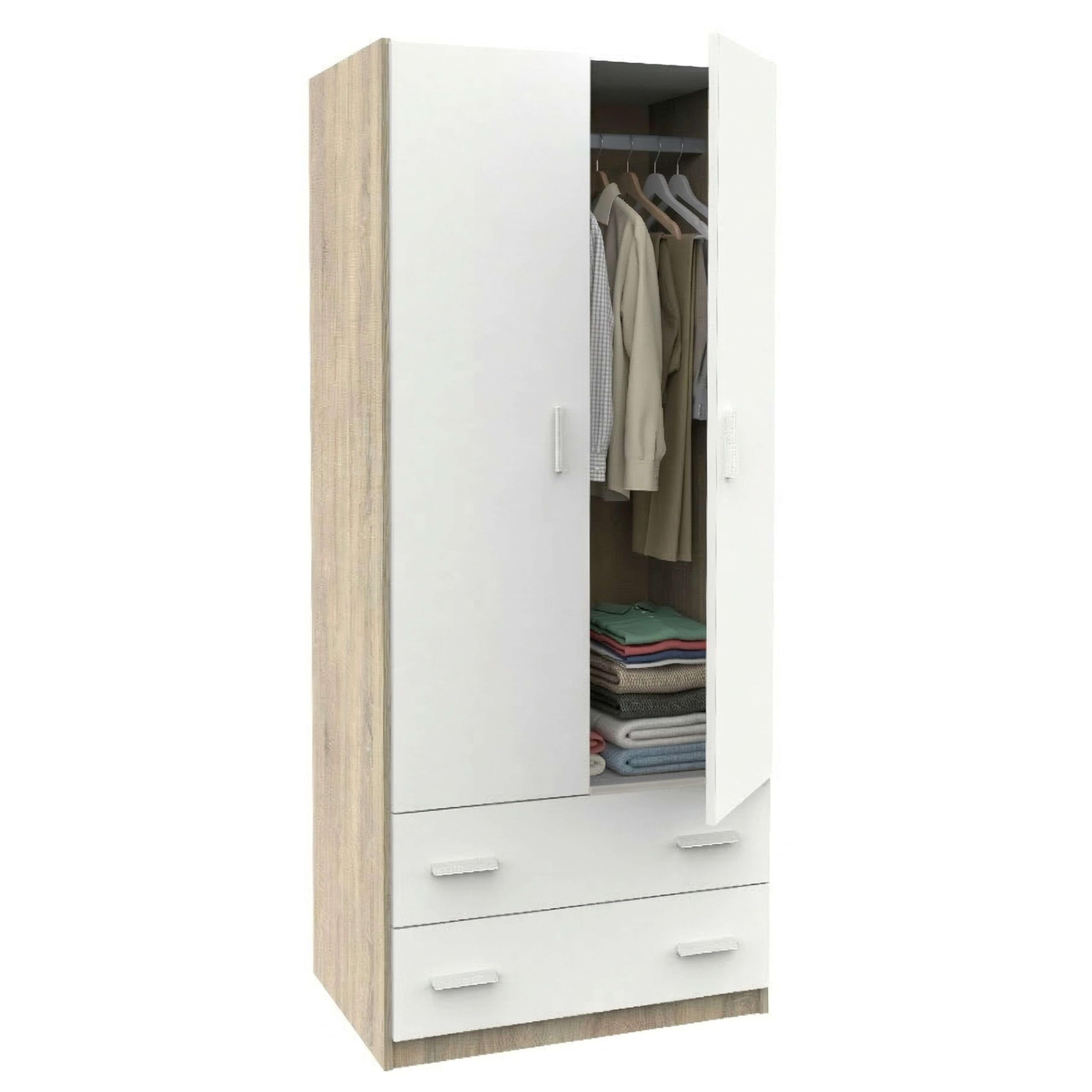 Miroytengo Armario Ropero Juvenil Turin Dormitorio 2 Puertas 2 Cajones Roble Cambrian y Blanco Mate 74x180x50 cm