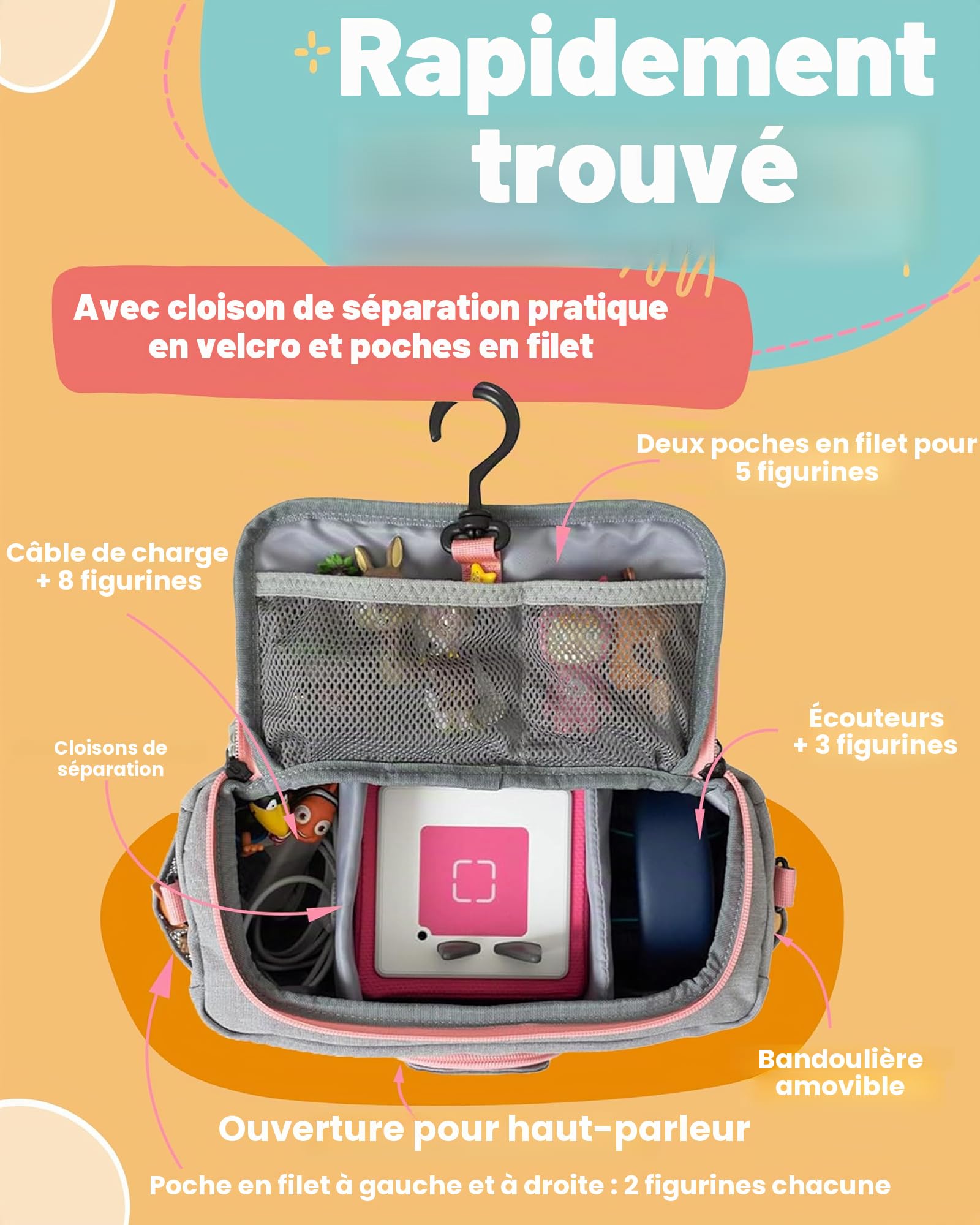 Sac pour Toniebox – BoxBag pour figurines, boîte et accessoires en voyage et en voiture, Renard gris et rose, 28 x 18 x 14 cm, Sac à bandoulière, Renard gris et rose, 28 x 18 x 14 cm, Sac à