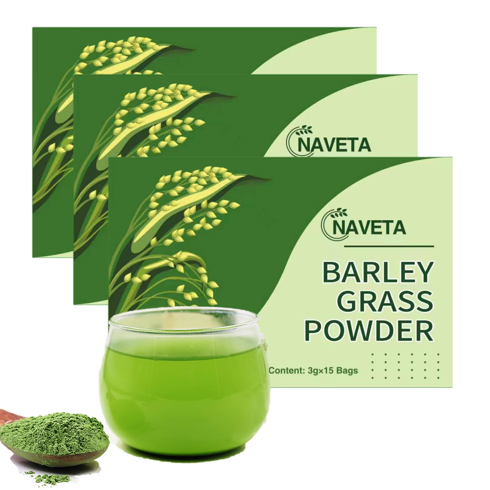 NAVETA Barley Grass Powder, Barley Grass Juice Powder, 15 Bags/Box Philippines Barley Powder - Filter The Liver and Reduce Stretch Marks Caused by Sudden Weight Gain, Natural Barley Grass Tea