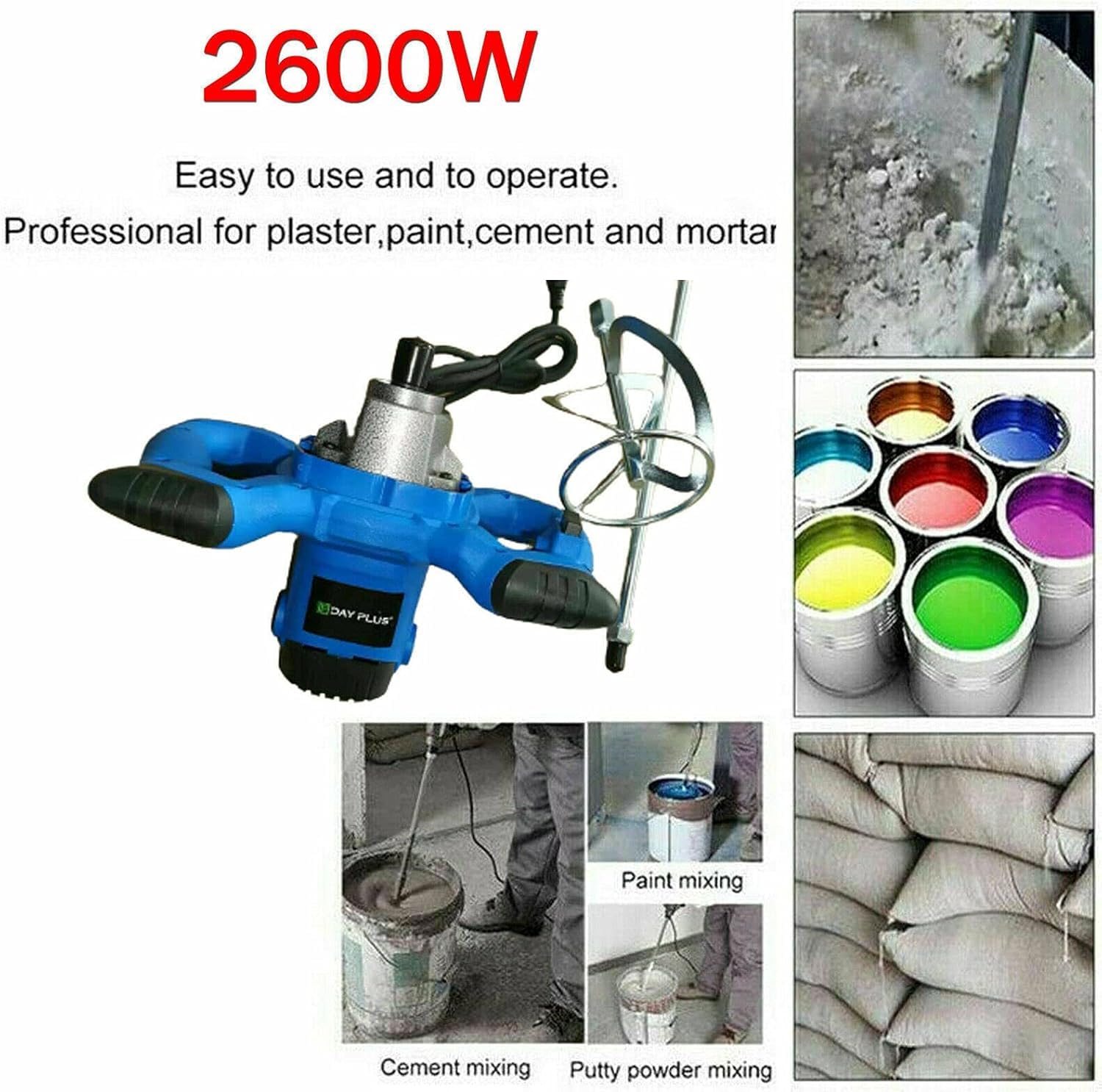 Ręczny mikser wiosłowy 2600 W, regulowany, 6-biegowy, do betonu i farb do zaprawy, fug, cementu, tynku, idealny do projektów DIY