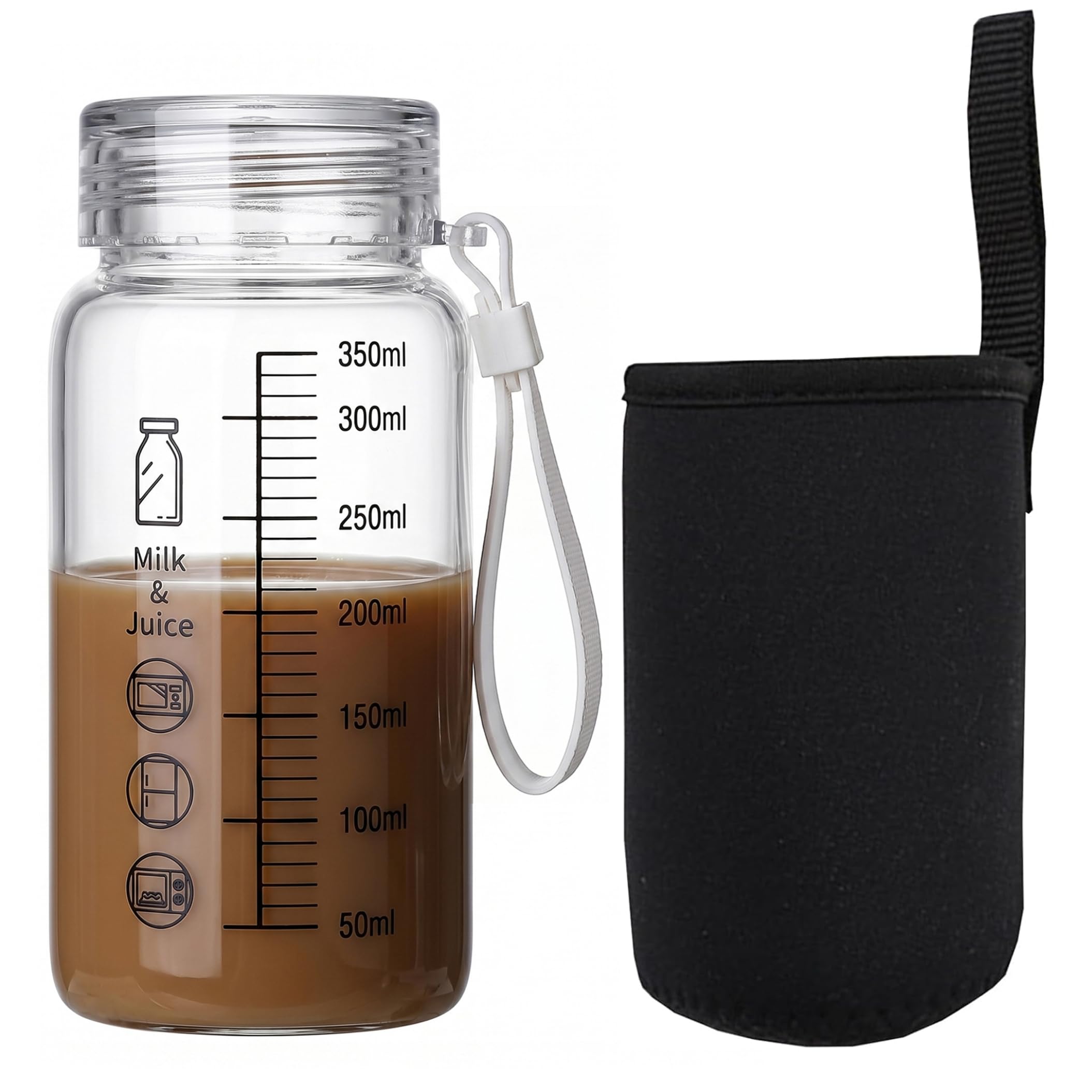 Temeemeg Water Bottle With Measurements Borosilicate Glass Milk Bottle With Lid 350ml Leak-proof Cup Insulated Sleeve