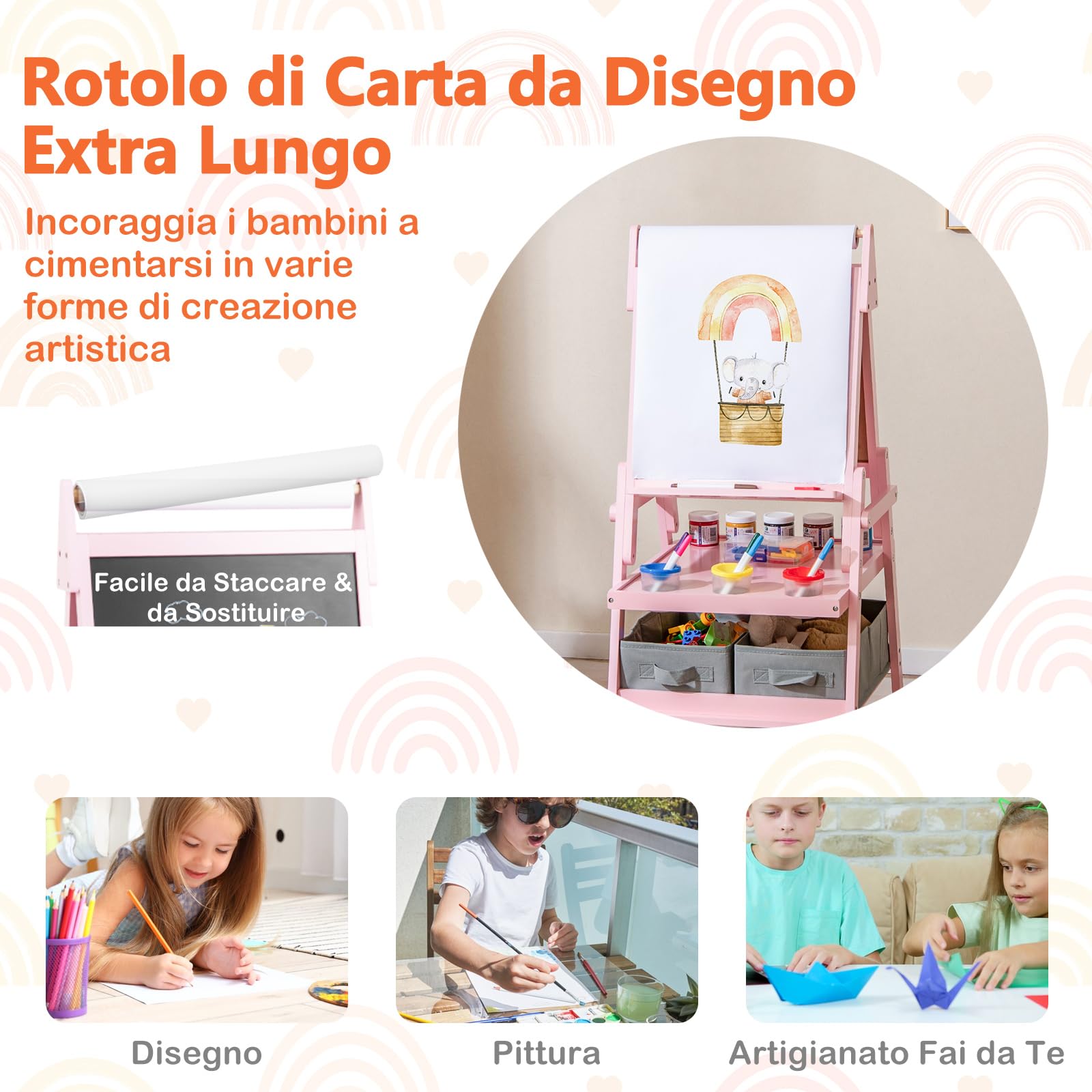 RELAX4LIFE 3 in 1 Lavagna per Bambini, Cavalletto con Doppia Faccia Magnetica e Lavagna Bianca, Rotolo di Carta, Scaffale Doppio e 2 Cesto in Tessuto Pieghevole, 3 Tazze, Legno per 3+Anni (Rosa)