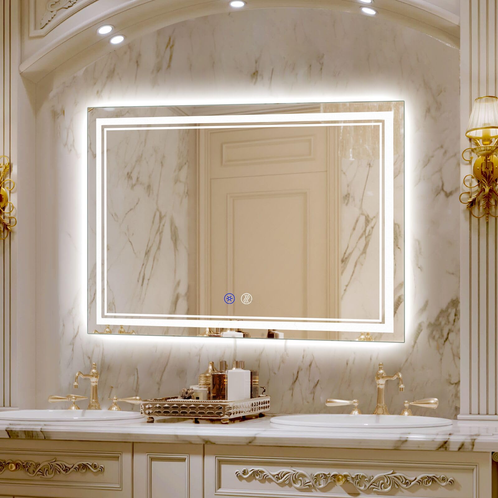 SaniteModar LED Bathroom Mirror, Led mirror 48x 32 inch Anti Fog, Dimmable 3 Color Lighted Bathroom Mirror, Waterproof Led Vanity Mirrors, Horizontal/Vertical…