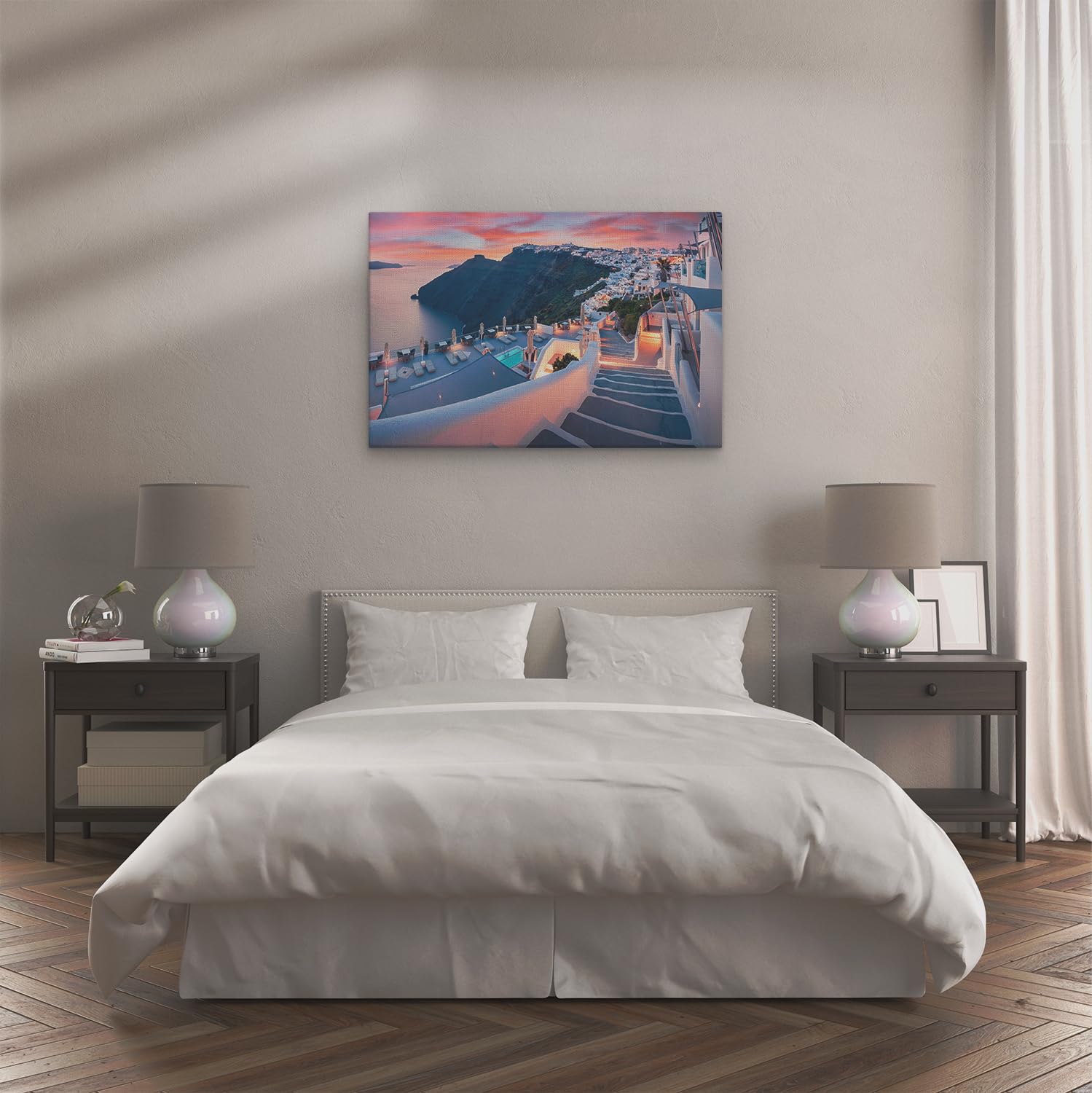 Artaza Leinwand Bilder Santorini Griechenland - 120x80 cm - Groß XXL - Wanddeko Meer - Wandbilder Sonnenuntergang - Insel Skyline Deko