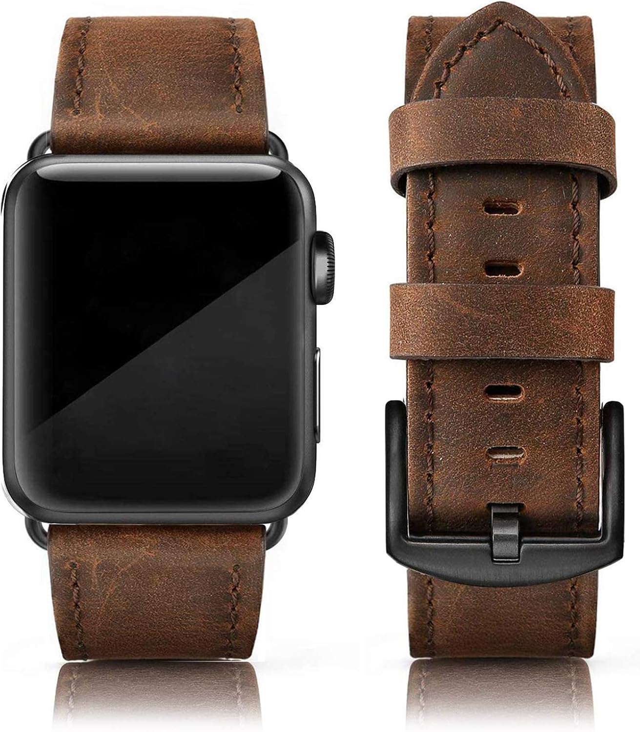 Eyamumo Leather Bands Compatible with Apple Watch Band 44mm 42mm with Case Women Men, Vintage Grain Leather Wristband Replacemen Band for Apple iWatch SE Series 6 5 4 3 2 1, Sports & Edition, Retro Walnut