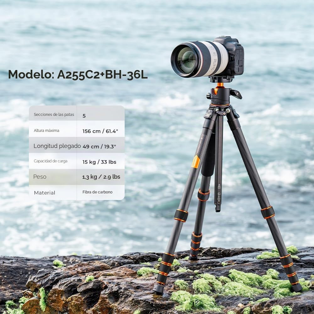 K&F CONCEPT Trípode Cámara de Carbono Compacto con Rótula de Bola 360°Compatible con Cámara DSLR, Carga Máxima: 15KG (A255C2+BH-36L) | Rótula de Bola 360°, Compatible con Cámara DSLR, Carga Máxima: 15KG, A255C2+BH-36L