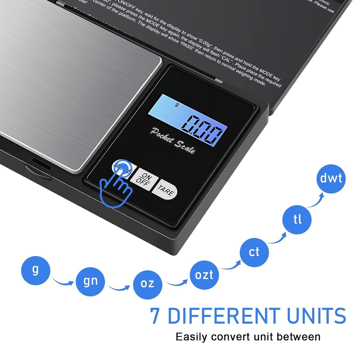Báscula de Precisión 500g / 0.01g,Balanzas de Portátiles, Báscula de Joyería,con Pantalla LCD y 7 Unidades, Función de Tara,Plataforma de Acero Inoxidable — view 3