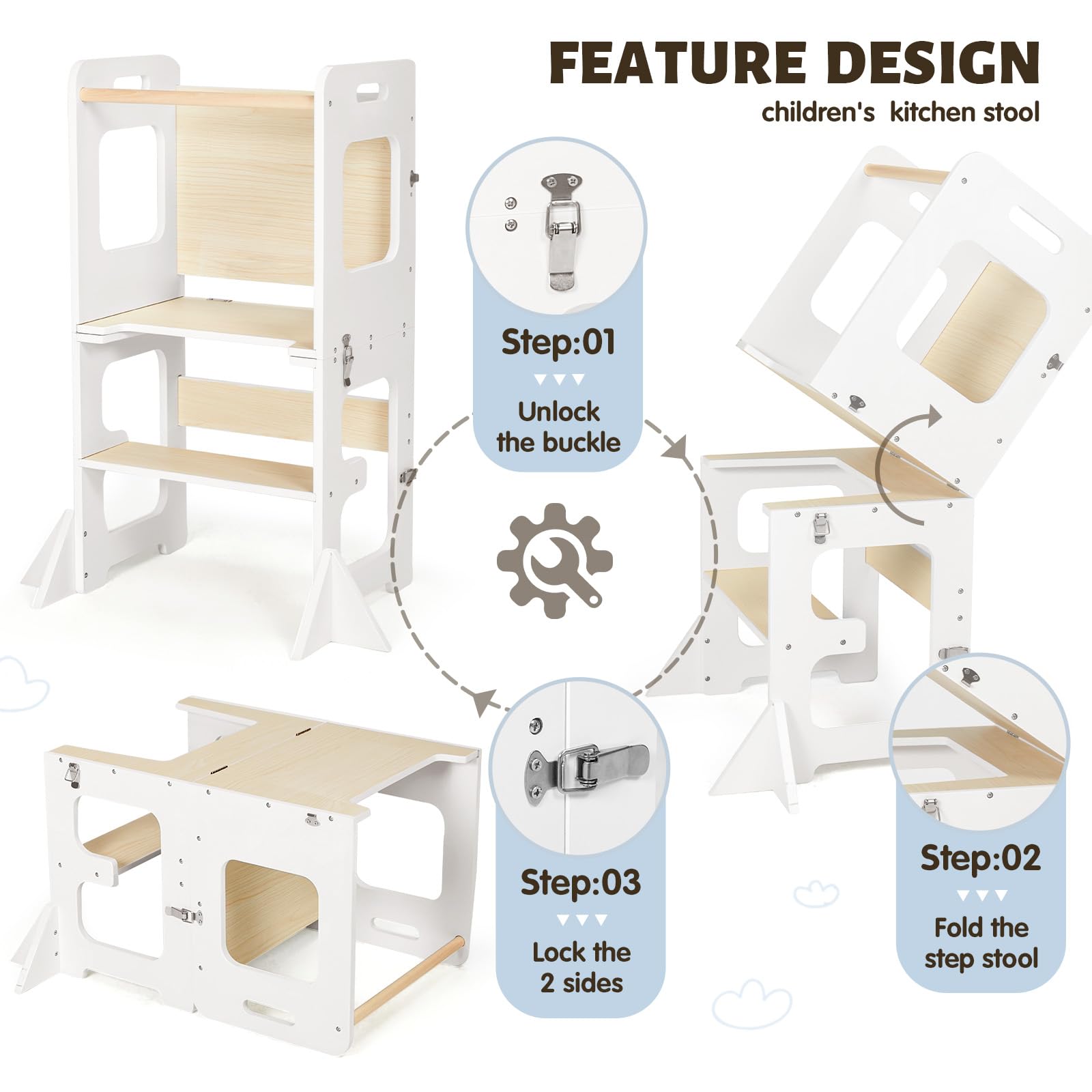Labebe Montessori Torre per bambini, 3 in 1 Torre di Apprendimento Pieghevole, Multifunzionale Torre didattica con lavagna, Legno protezione antiribaltamento torretta da 1 anno bambini-bianco e legno