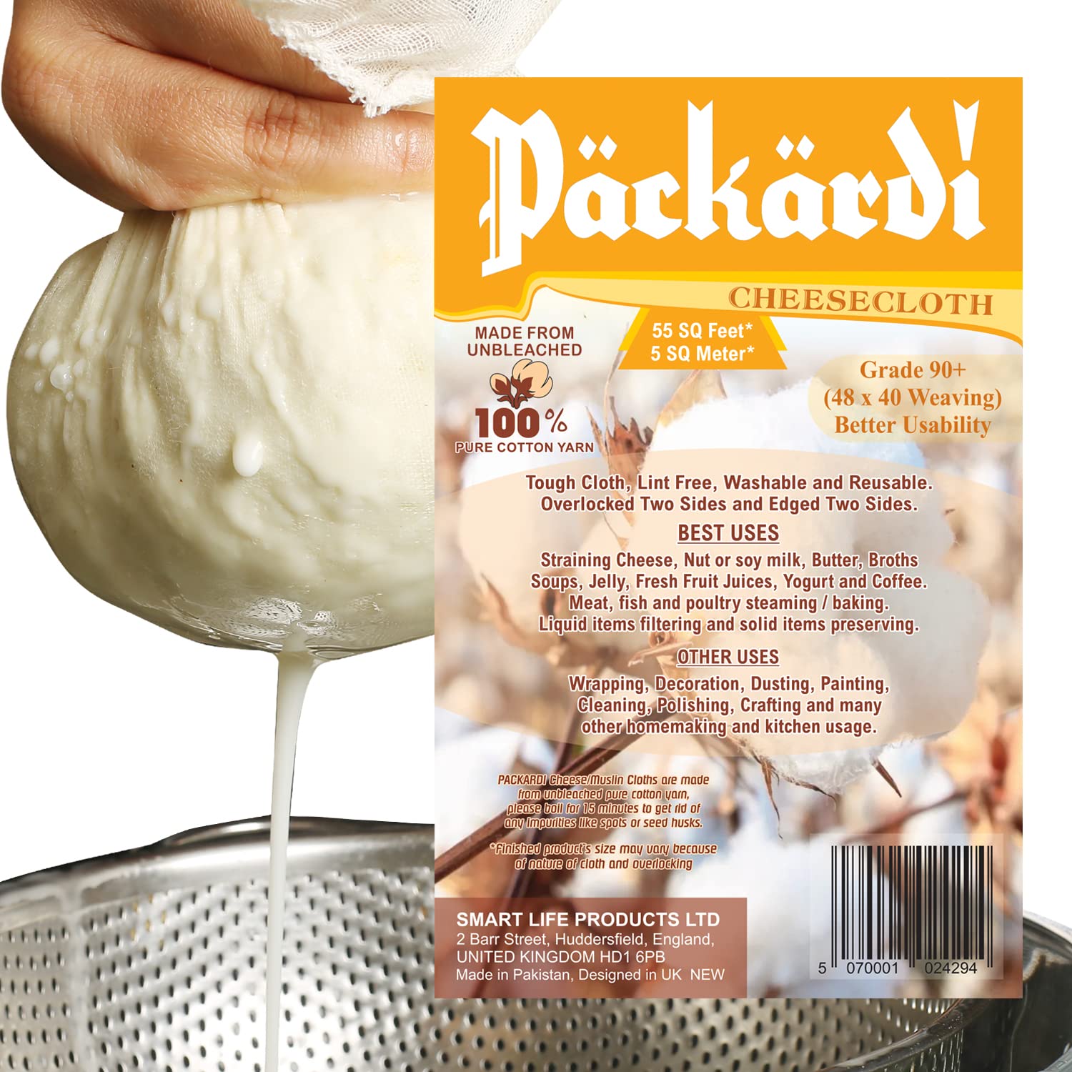 PACKARDI Cheesecloth 5 Meter / 55 Sq. Ft - Muslin Cloths for Cooking, Grade 90+ Reusable and Washable Cheese Cloths for Straining, 100% Unbleached Pure Cotton Lint Free