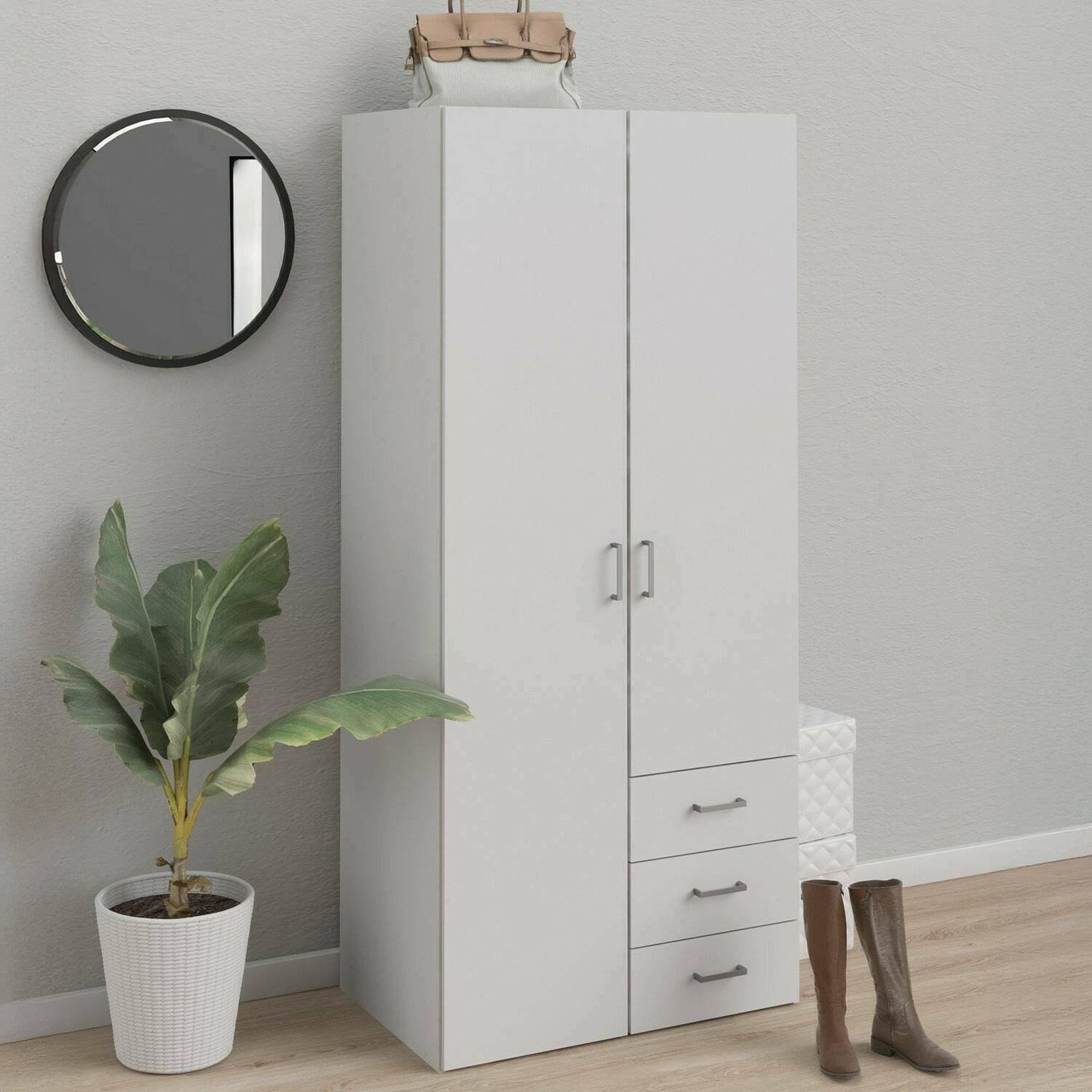 Dmora - Armoire avec deux portes battantes et trois tiroirs, couleur blanche, Dimensions 77 x 175 x 49 cm