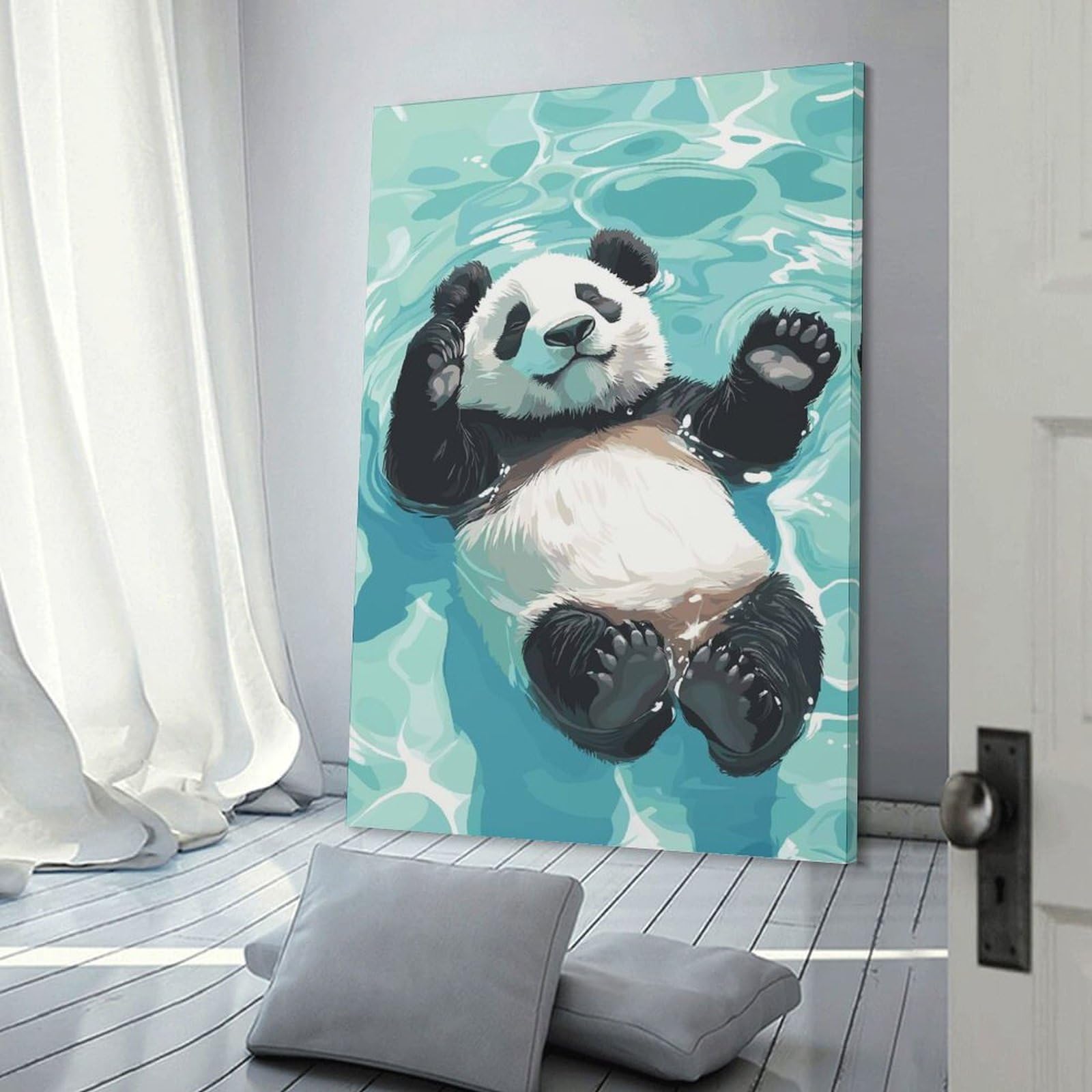 Junmoney Canvas Wall Art Panda Floating in Water, 24x36inch(60x90cm), for Lounge Decor, Bedroom Walls Or Flats, A Home Accent with Warm Character