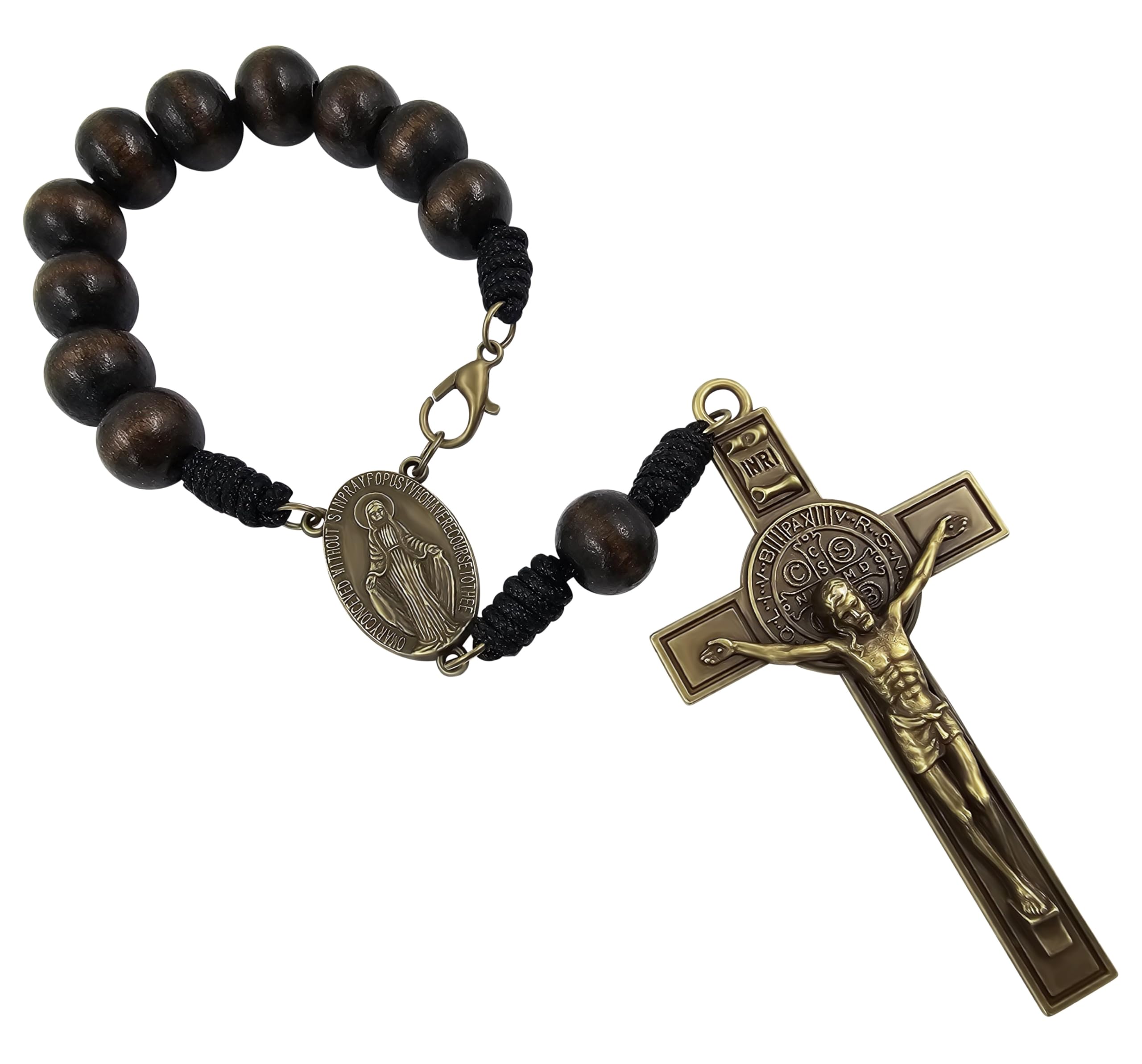 Sacred Saint Benedict Medal Crucifix One Decade Catholic Rosary for Car Rearview Mirror Bronze Miraculous Medal Wood Beads Auto Rosaries Religious Gift for Women Men