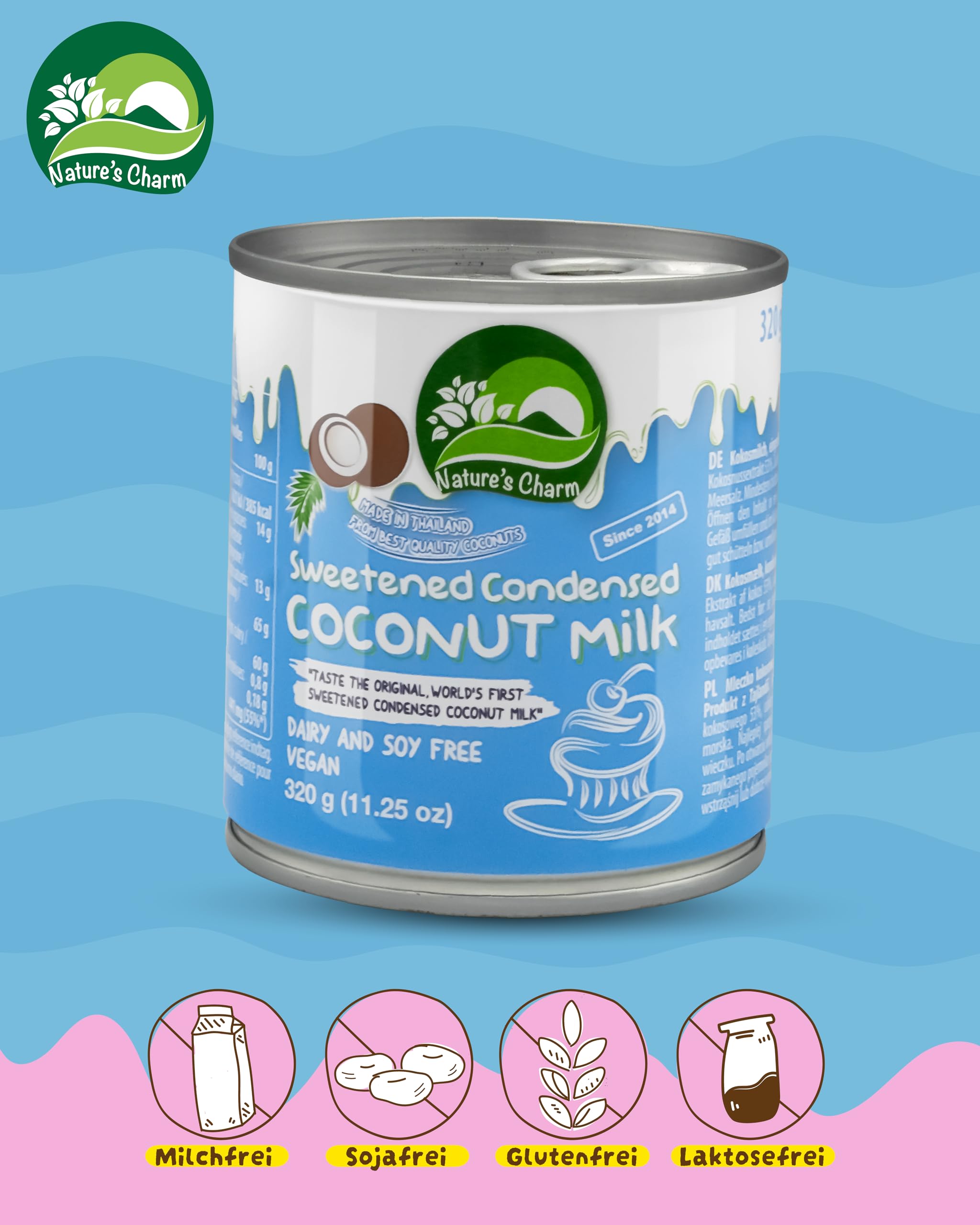 Nature’s Charm eingedickte, gesüßte Kokosnussmilch I Vegane Kokosmilch mit cremiger, aromatischer Konsistenz I Ideal zum Backen, für Desserts, Kaffee und Tee I 6 x 320 g