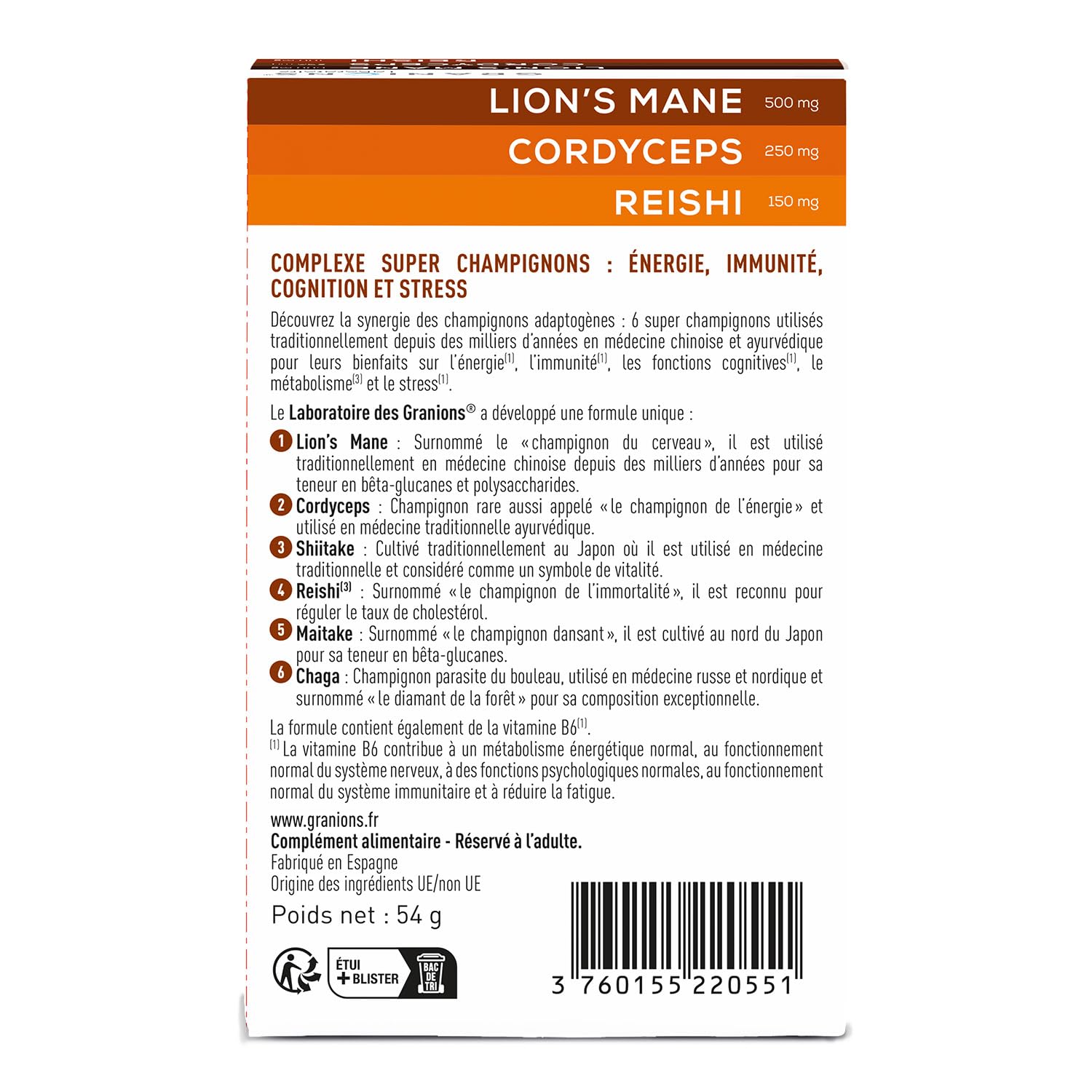 GRANIONS – Complexe Super Champignons Adaptogenes – LIONS MANE + CHAMPIGNONS CORDYCEPS + reishi + chaga + shiitake + maitake – energie immunite cognition stress – vegan 60 comprimes – 1 MOIS