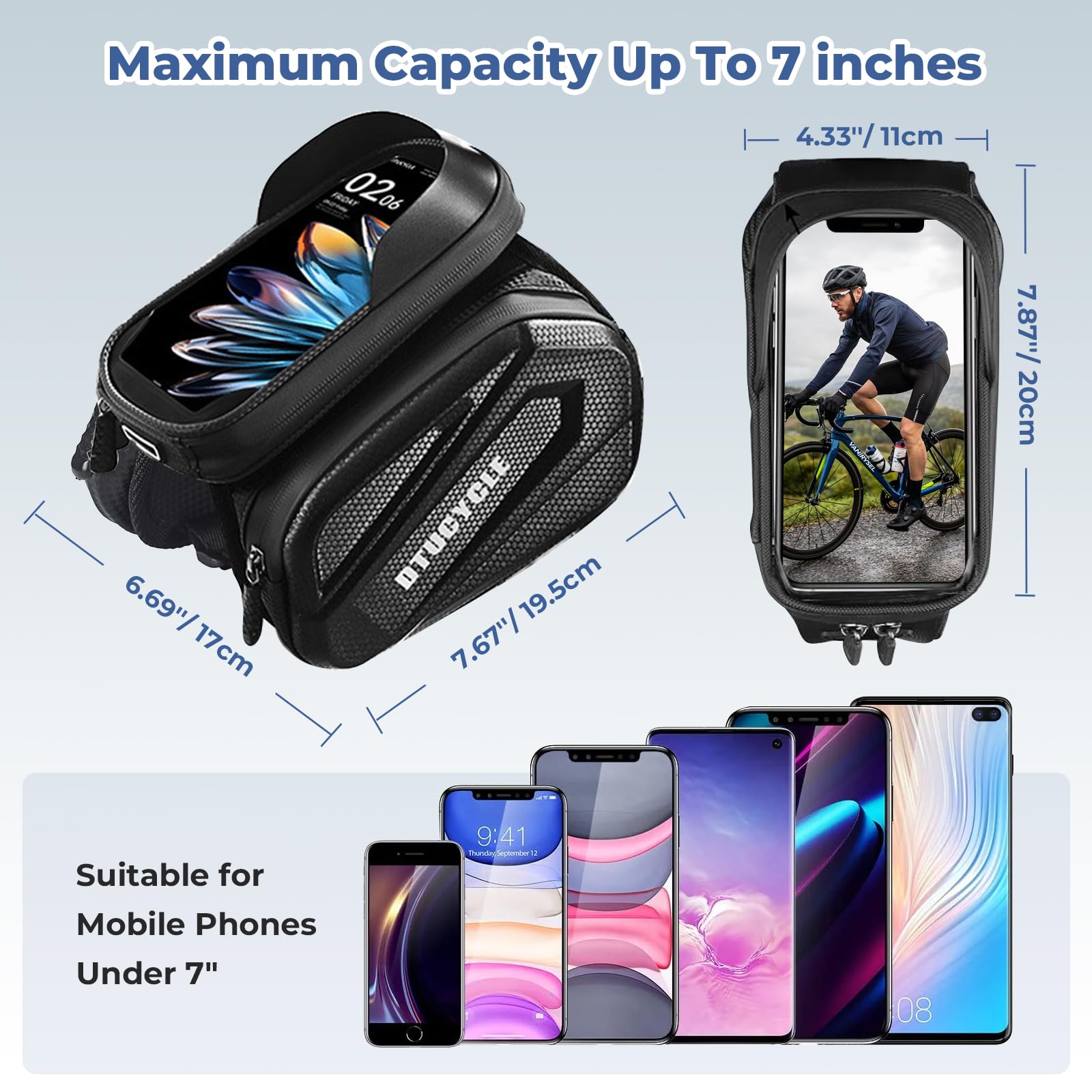 Borsa Telaio Bici Impermeabil, 2L Capacità Borsa Cellulare Manubrio Biciclette, con Touch Screen in TPU per Smartphone Fino a 7" per Bicicletta Elettrica, MTB