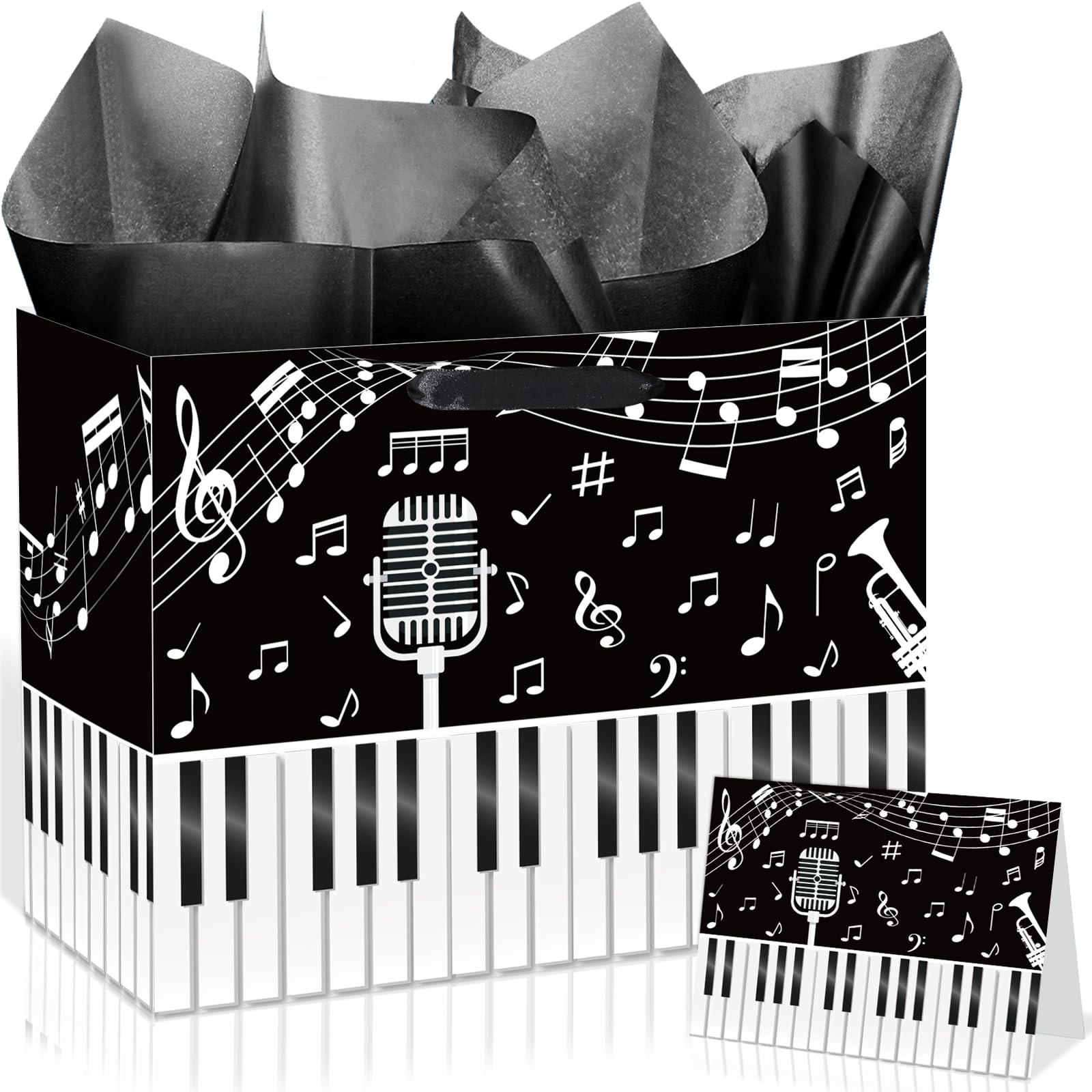 Music Theme Gift Bags Music Notes Gift Bag with Greeting Card Tissue Paper Piano Keys Wrapping Paper Bag Music Party Favor Bag for Art Lover Teacher Gifts Social Media Music Theme Party