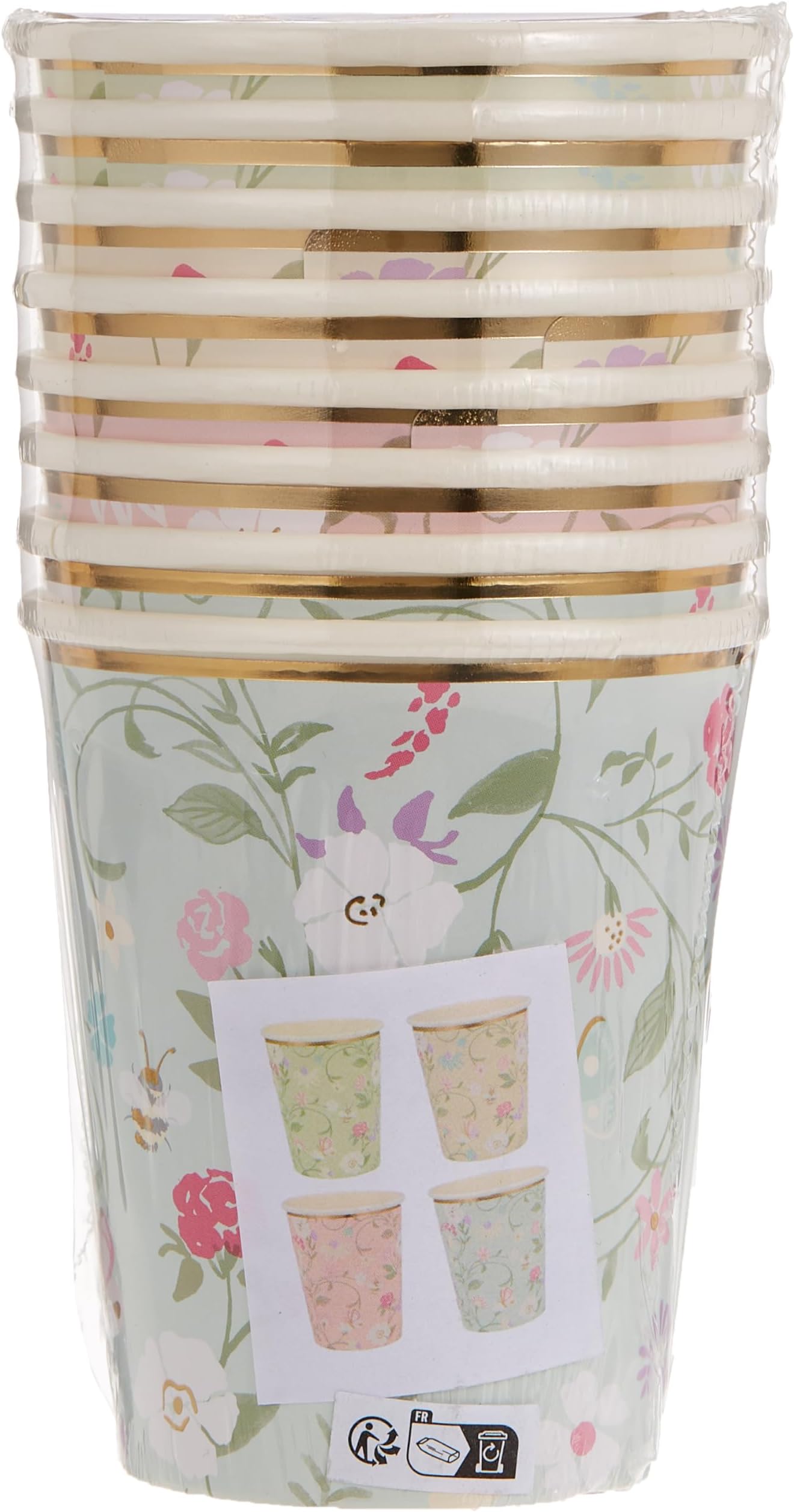 Laduree Paris Floral Cups Pack of 8 9oz 4 Elegant Colors Pink Mint Blue Cream Gold Foil Accents Eco-Friendly Paper Cups for Tea Parties Birthdays Events