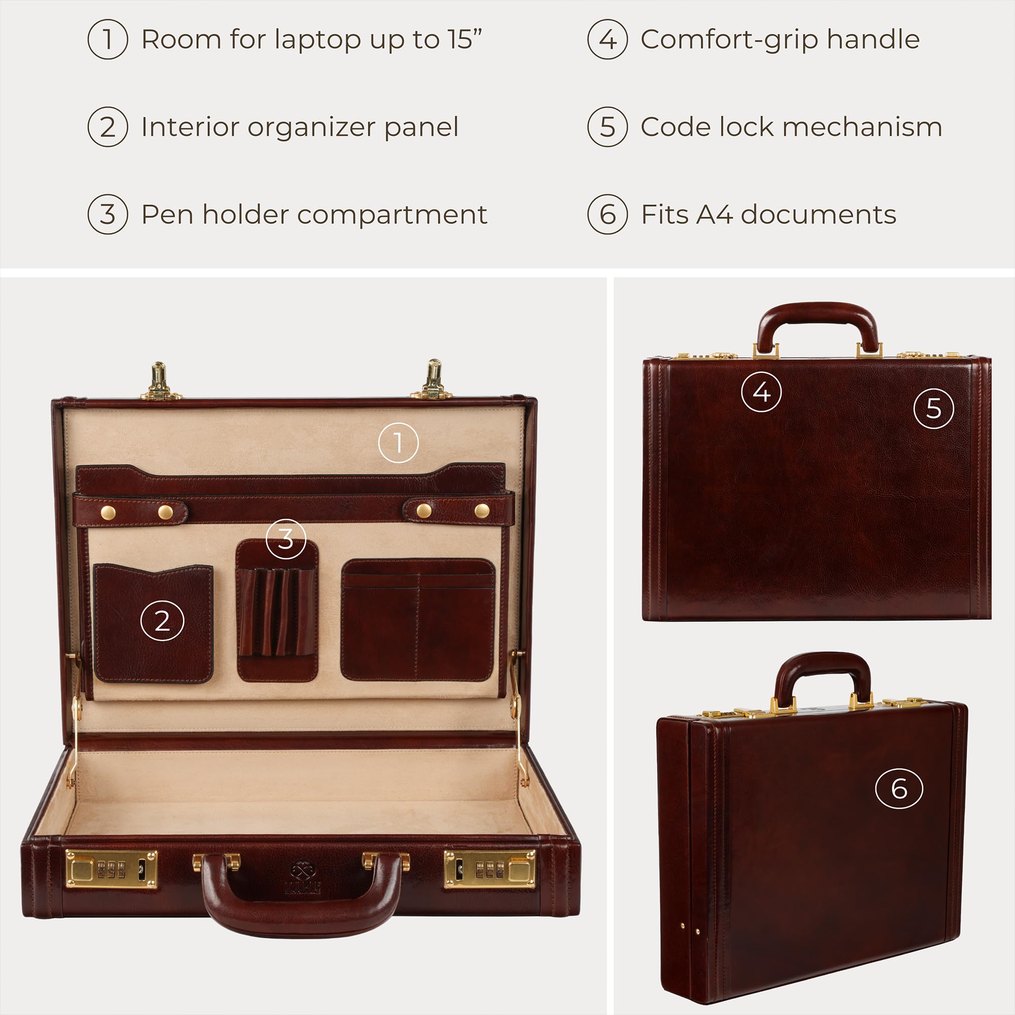 Time Resistance Valigetta in Pelle - Cartella in Pelle Italiana Pieno Fiore - Borsa per Laptop fino a 15" - Valigetta Rigida con Serratura