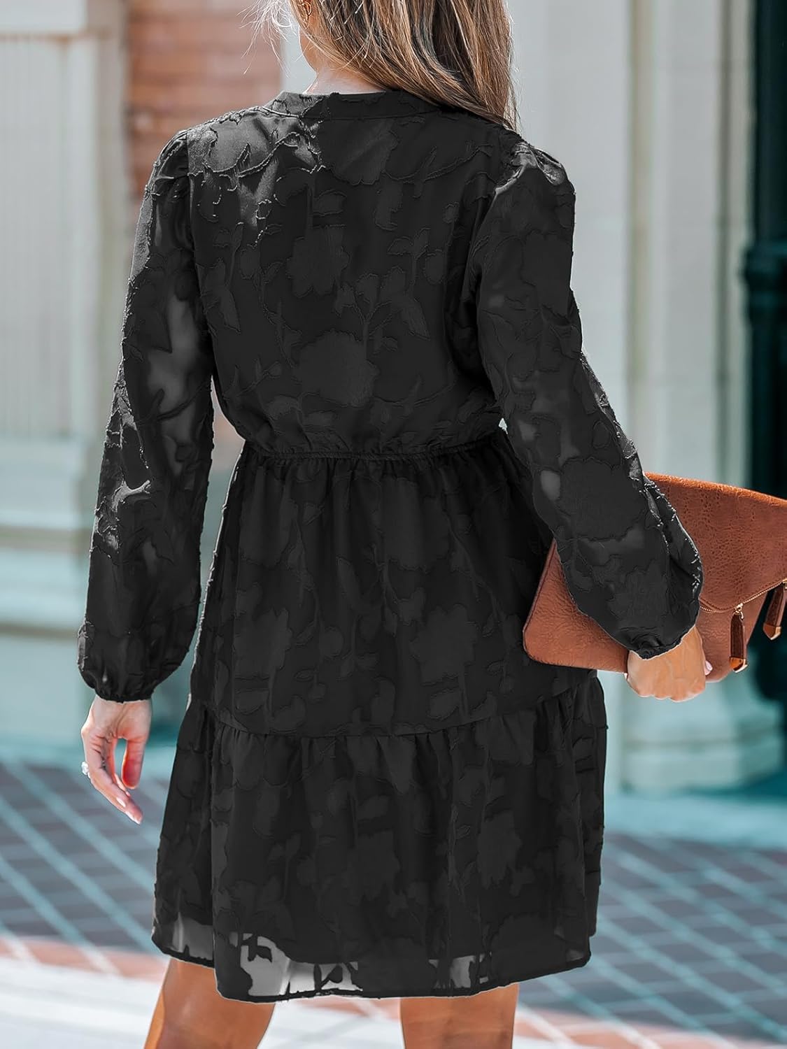 CUPSHE Women Ruffle Lace Mini Fall Dresses Semi Formal Wedding Guest Dress V Neck Long Puff Sleeve Elastic Waist Tie - Image 2