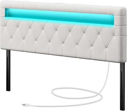 لوح رأس GREENSTELL لسرير كامل الحجم مع 60،000 DIY لون ضوء LED ، USB & Type C Post ، إرفاق إطار ، ارتفاع قابل للتعديل ، لوح رأس مثبت على الحائط من الجلد الأبيض فقط ، قوي ومستقر ، كامل