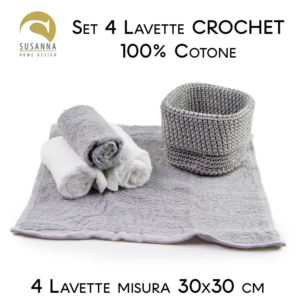 Generico Susanna Home Set 4 Lavette 30x30 - Asciugamano Ospite in Spugna di Cotone - Confezionato in elegante cestino uncinetto (GRIGIO)