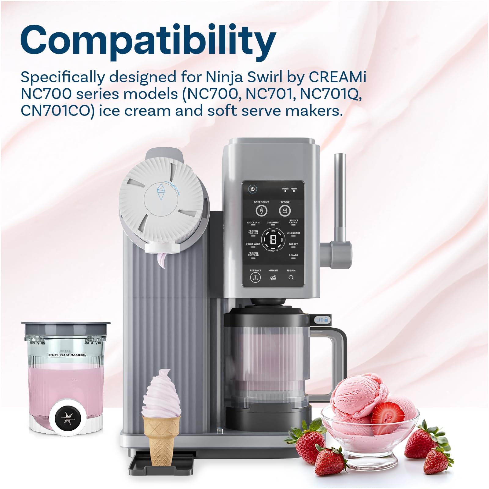 Lot de 2 Pots a Glace 480 ML pour Ninja Creami Swirl Série NC700 par MMOBIEL – Récipients avec Couvercles Gris pour Ninja Swirl by CREAMi Machines à Glacée & à Service Doux – Passe au Lave-Vaisselle