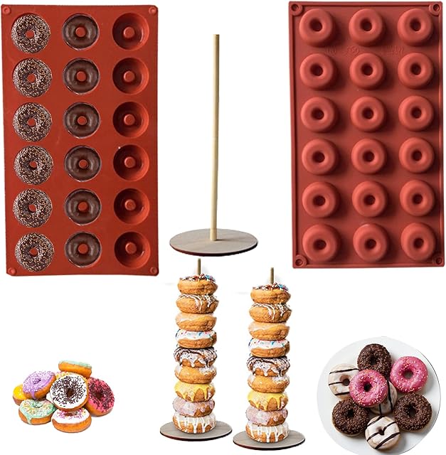 HYCSC 18 Capacity Silicone Donut Pan, 2Pcs Non-Stick Donut Mold with Donut Stands, Food Safe Donut Mold Sheet Tray, Great for Donut Maker and Mini Donut, Easy to Clean and Dishwasher Safe(with Stand)