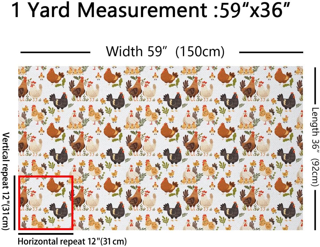 Farmhouse Hen Decorative Fabric by The Yard Cartoon Chicken Rustic Animals Indoor Outdoor Upholstery Fabric Green Leaves Weeds Plant Fabric for Quilting Sewing Arts DIY Craft,3 Yards
