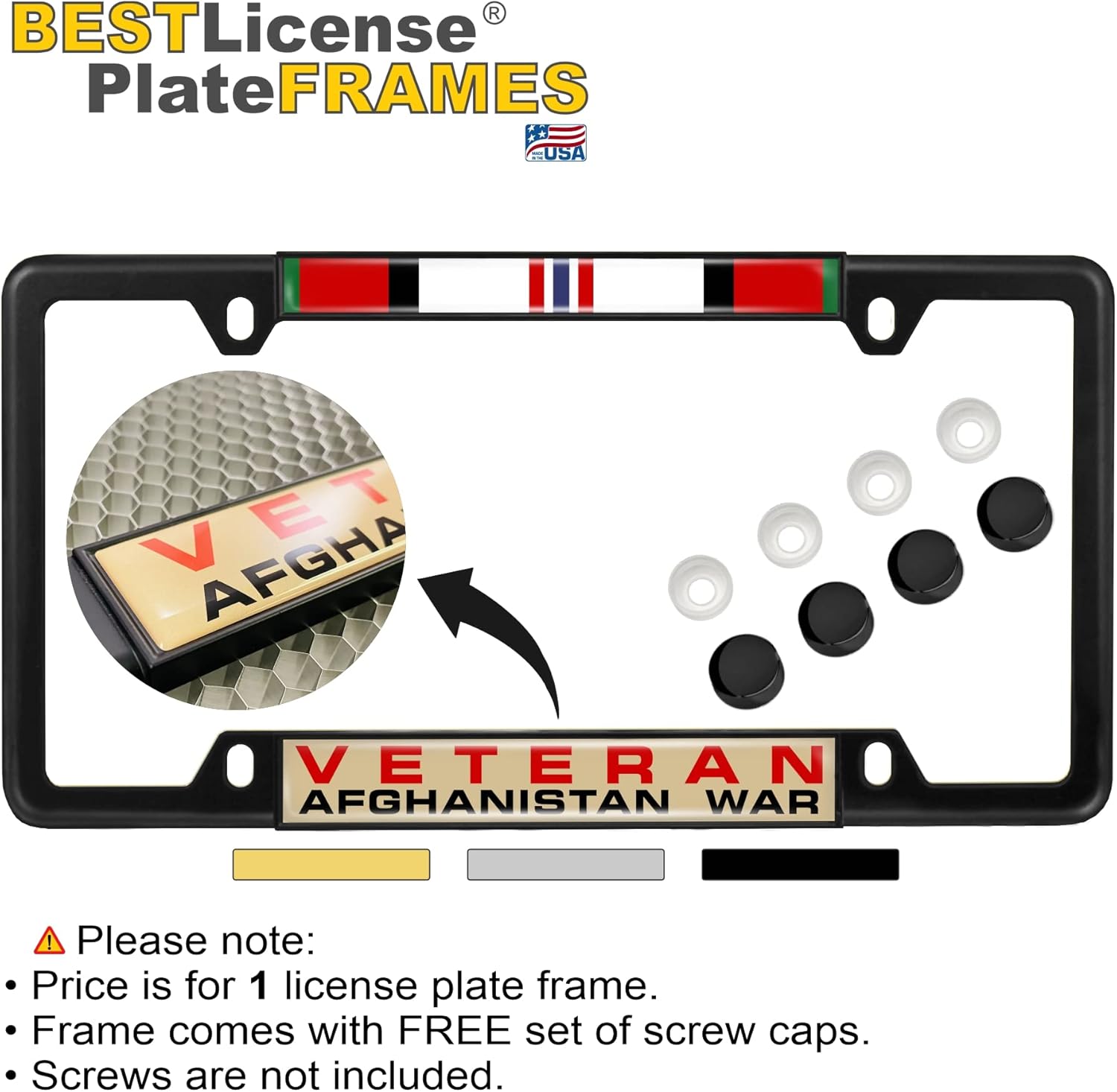 Afghanistan War Veteran - Domed Custom-Made Personalized Narrow (Thin) Top 4 Hole Metal Car License Plate Frame with Free caps - Black (Quantity: 1 Frame)