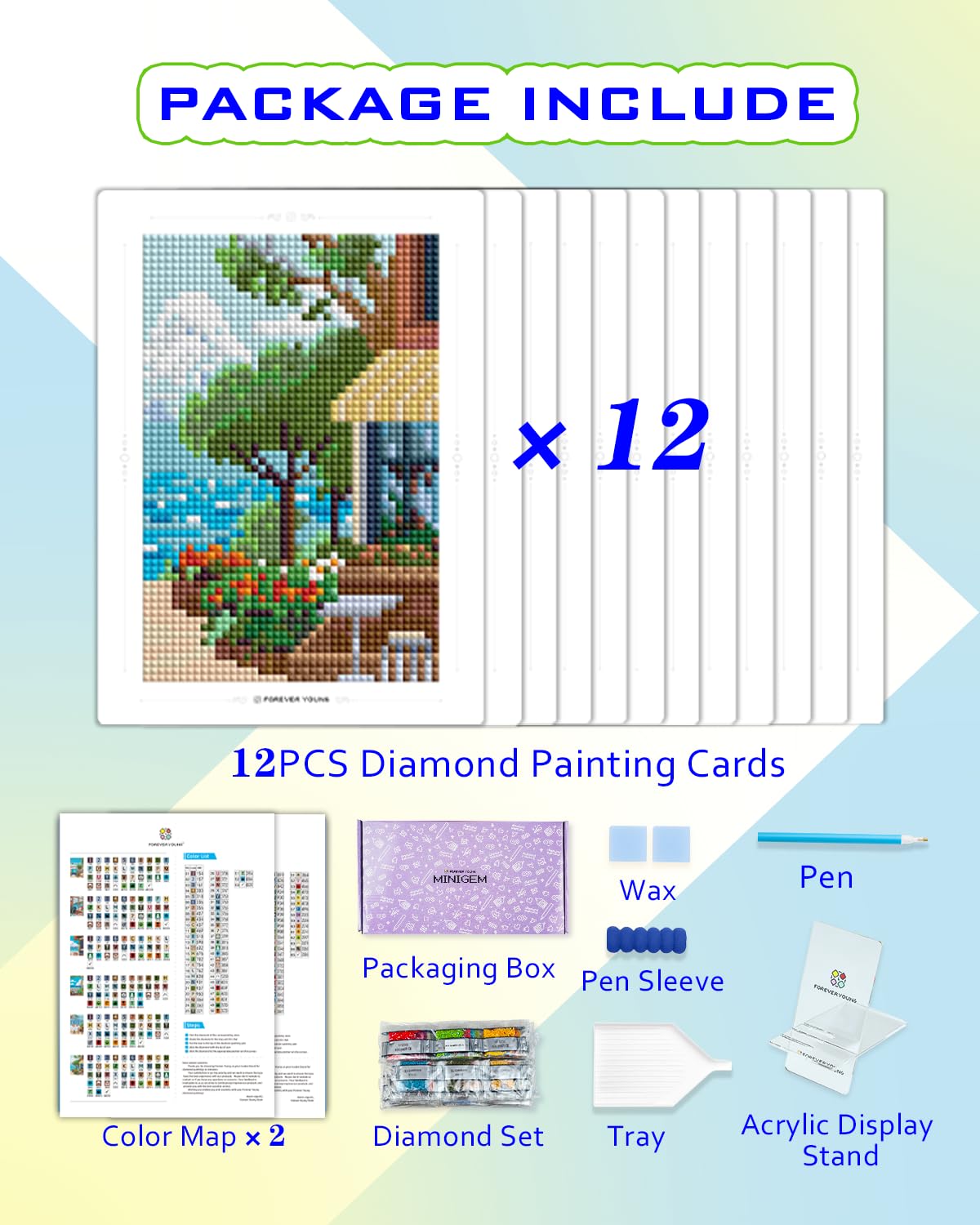 Foreveryoung Minigem - Kits de arte de diamantes pequeños para principiantes, 12 piezas de resina cuadrada de pintura de diamante para adultos, arte de diamantes de 2 horas estilo postal de 5 x 7