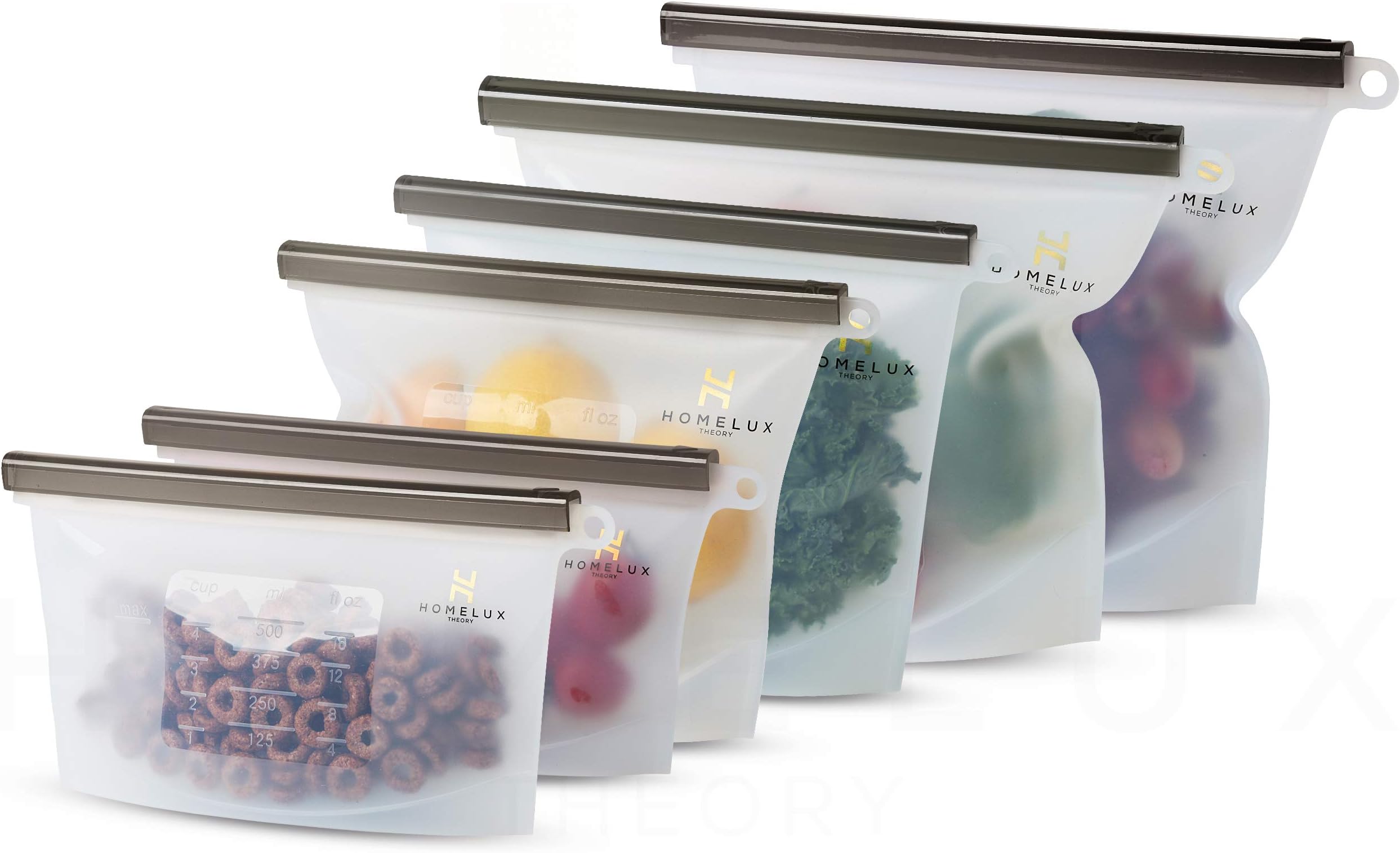 HOMELUX THEORY Reusable Freezer Bags, 6Pcs Black Reusable Ziploc Bags Silcone Airtight & Leakproof, Food Grade Reusable Silicone Food Storage Bags, Reusable Snack Bags For Kids & Adults (2L, 2M, 2S)