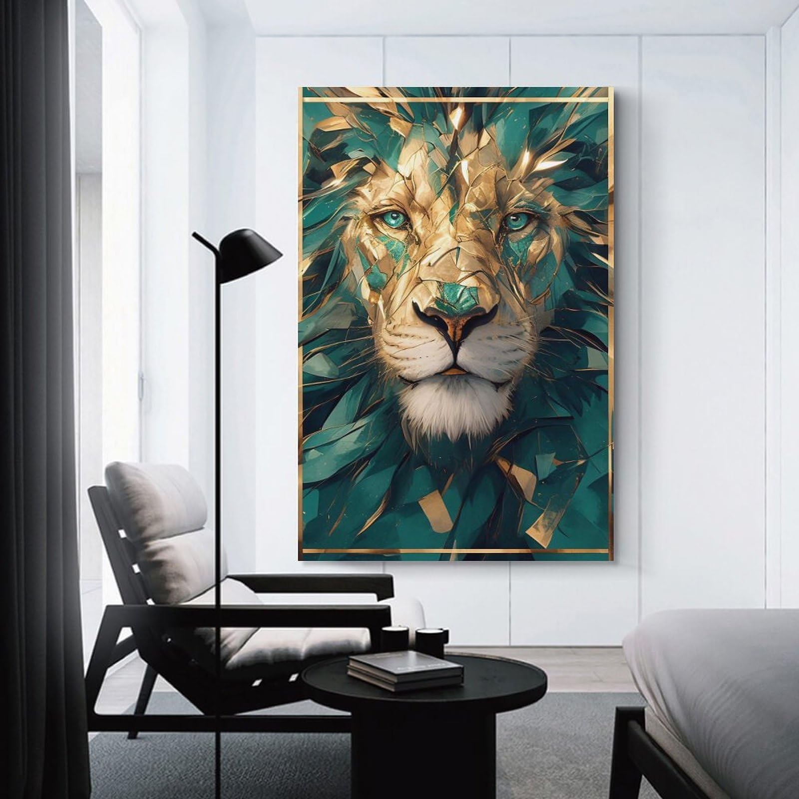 Junmoney Emerald And Gold Lion Portrait Decorative Wall Artwork, 24x36inch(60x90cm), for New Homes, Bedrooms Or Workspaces, Gift Idea for Housewarming And Birthdays